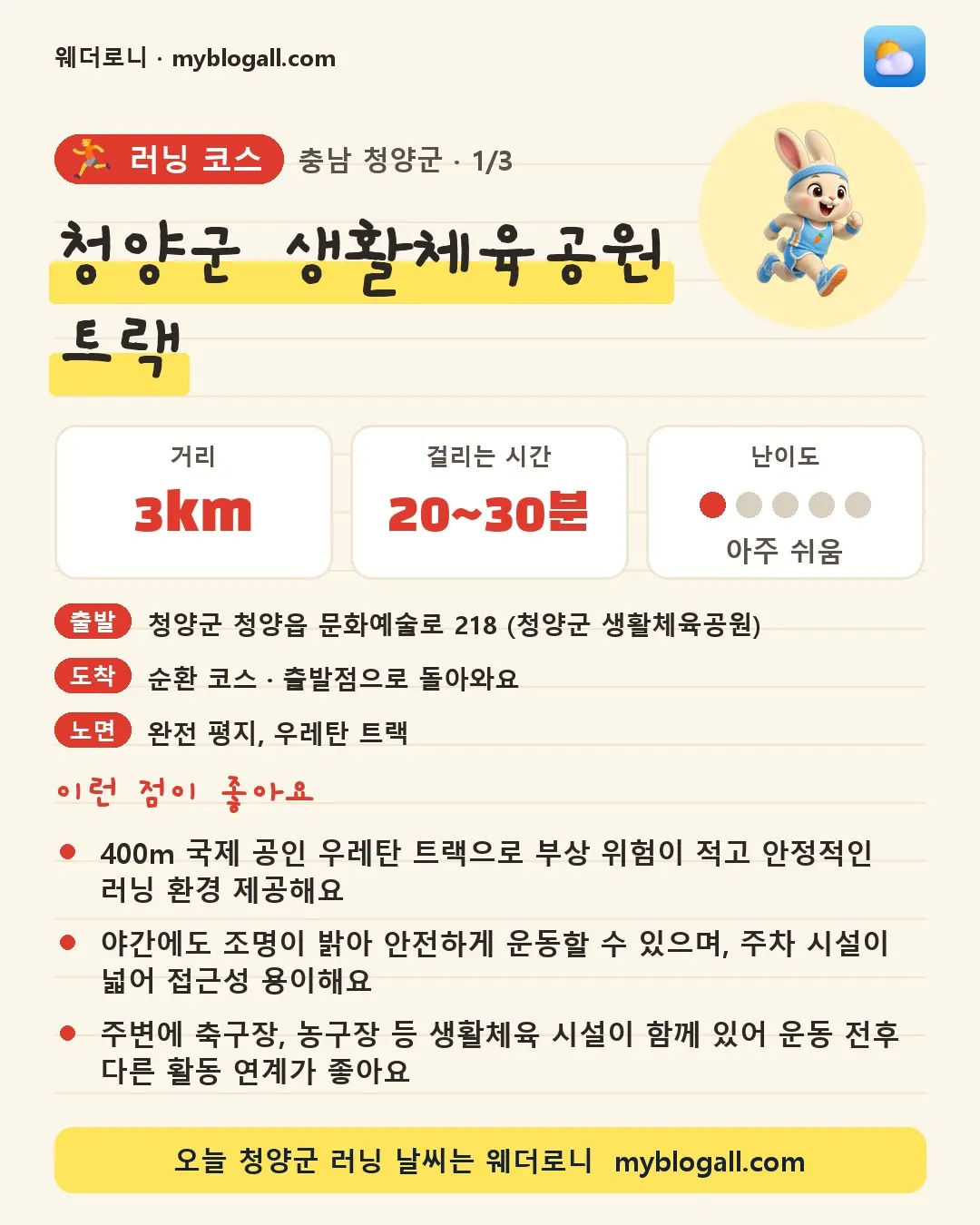 청양군 러닝 코스 · 청양군 생활체육공원 트랙 — 3km · 20~30분 · 난이도 1/5 — 400m 국제 공인 우레탄 트랙으로 부상 위험이 적고 안정적인 러닝 환경 제공해요 — 야간에도 조명이 밝아 안전하게 운동할 수 있으며, 주차 시설이 넓어 접근성 용이해요