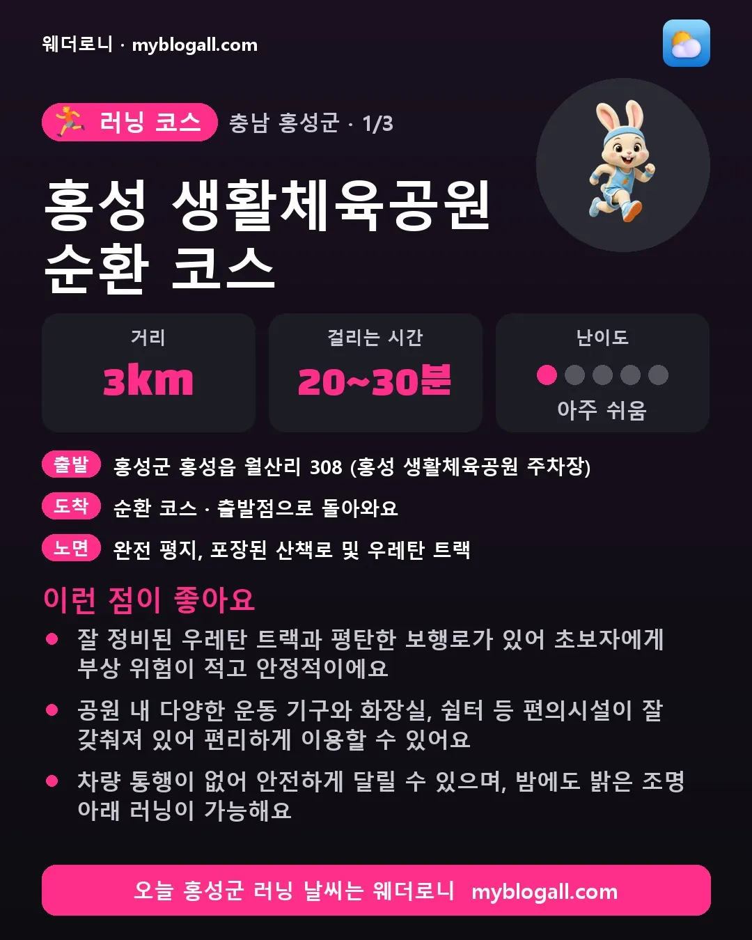 홍성군 러닝 코스 · 홍성 생활체육공원 순환 코스 — 3km · 20~30분 · 난이도 1/5 — 잘 정비된 우레탄 트랙과 평탄한 보행로가 있어 초보자에게 부상 위험이 적고 안정적이에요 — 공원 내 다양한 운동 기구와 화장실, 쉼터 등 편의시설이 잘 갖춰져 있어 편리하게 이용할 수 있어요