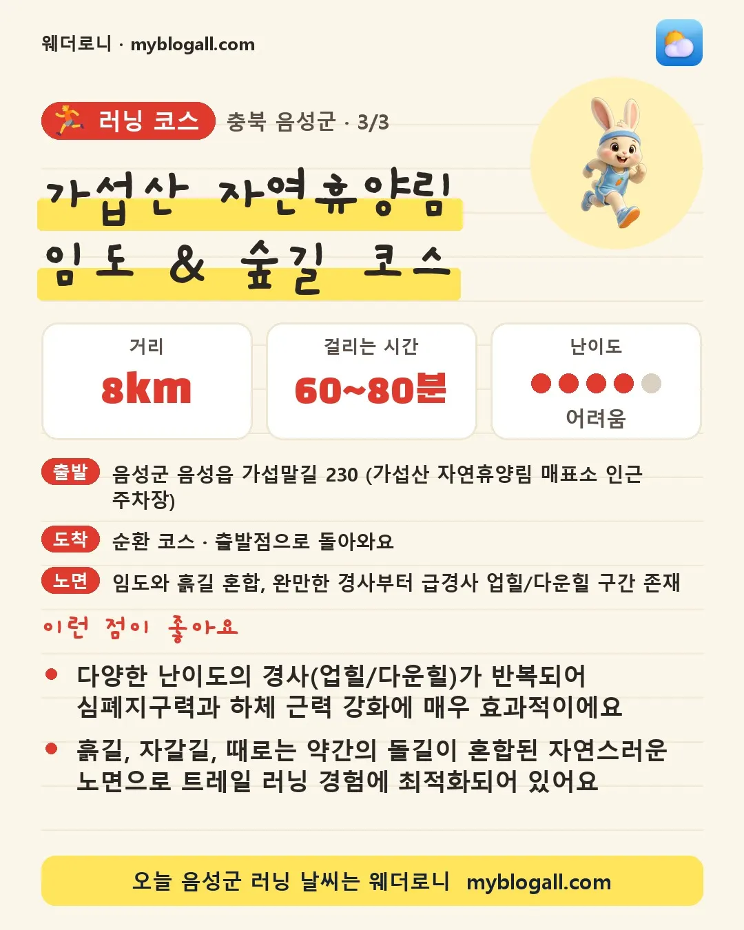 음성군 러닝 코스 · 가섭산 자연휴양림 임도 & 숲길 코스 — 8km · 60~80분 · 난이도 4/5 — 다양한 난이도의 경사(업힐/다운힐)가 반복되어 심폐지구력과 하체 근력 강화에 매우 효과적이에요 — 흙길, 자갈길, 때로는 약간의 돌길이 혼합된 자연스러운 노면으로 트레일 러닝 경험에 최적화되어 있어요