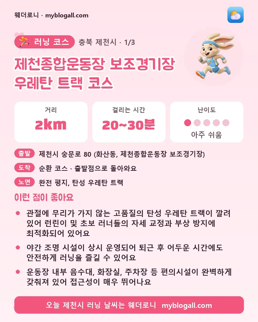 제천시 러닝 코스 · 제천종합운동장 보조경기장 우레탄 트랙 코스 — 2km · 20~30분 · 난이도 1/5 — 관절에 무리가 가지 않는 고품질의 탄성 우레탄 트랙이 깔려 있어 런린이 및 초보 러너들의 자세 교정과 부상 방지에 최적화되어 있어요 — 야간 조명 시설이 상시 운영되어 퇴근 후 어두운 시간에도 안전하게 러닝을 즐길 수 있어요