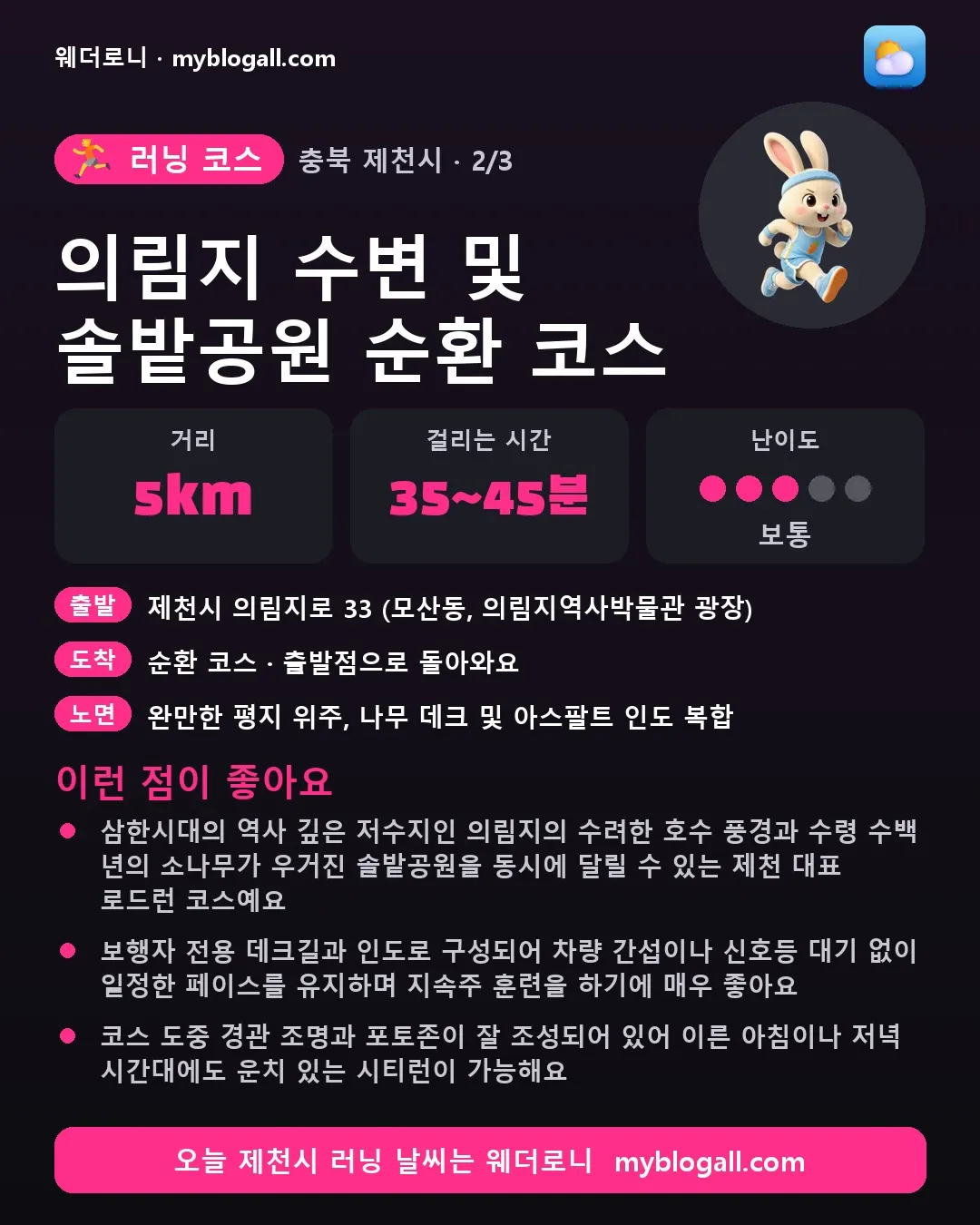 제천시 러닝 코스 · 의림지 수변 및 솔밭공원 순환 코스 — 5km · 35~45분 · 난이도 3/5 — 삼한시대의 역사 깊은 저수지인 의림지의 수려한 호수 풍경과 수령 수백 년의 소나무가 우거진 솔밭공원을 동시에 달릴 수 있는 제천 대표 로드런 코스예요 — 보행자 전용 데크길과 인도로 구성되어 차량 간섭이나 신호등 대기 없이 일정한 페이스를 유지하며 지속주 훈련을 하기에 매우 좋아요