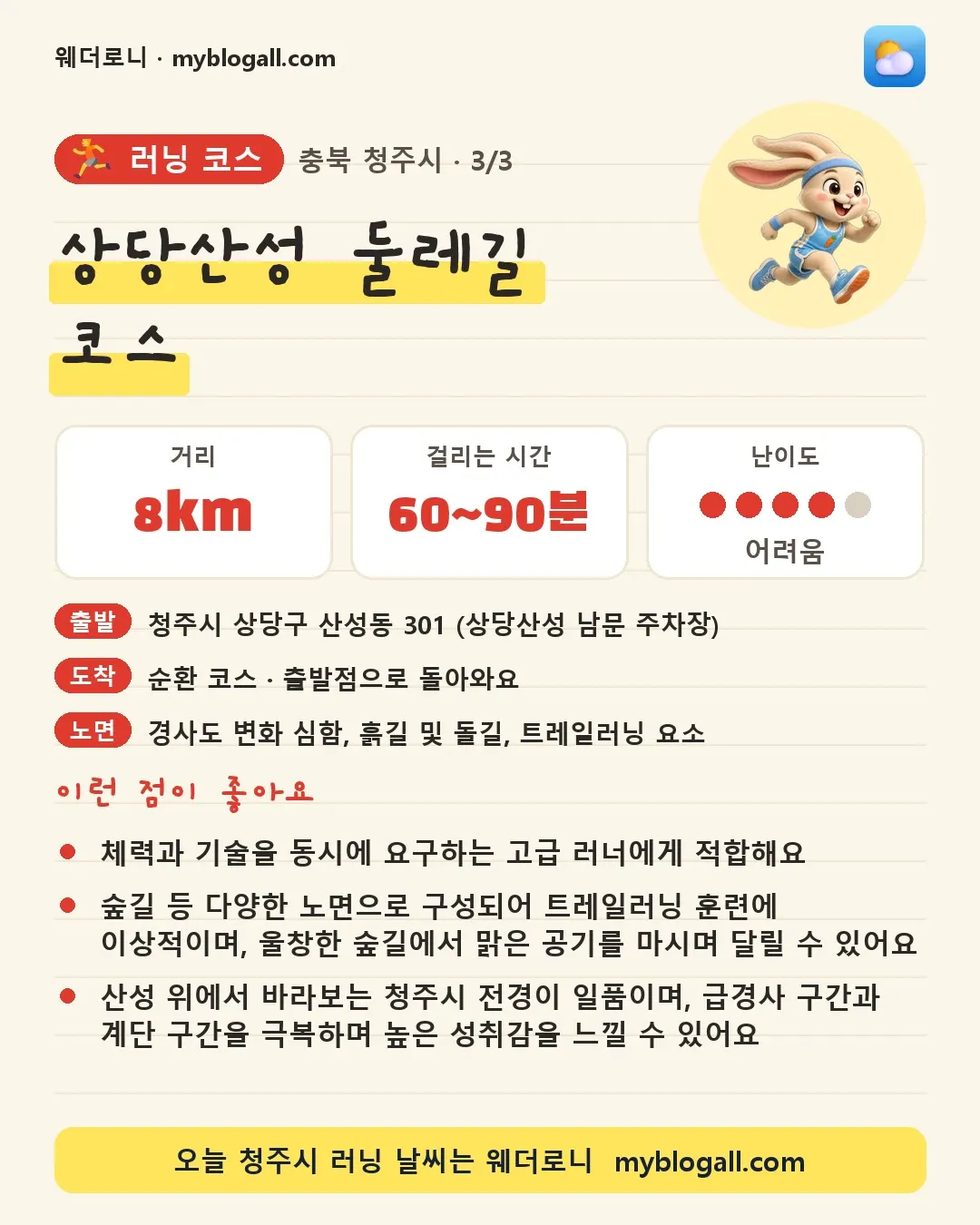 청주시 러닝 코스 · 상당산성 둘레길 코스 — 8km · 60~90분 · 난이도 4/5 — 체력과 기술을 동시에 요구하는 고급 러너에게 적합해요 — 숲길 등 다양한 노면으로 구성되어 트레일러닝 훈련에 이상적이며, 울창한 숲길에서 맑은 공기를 마시며 달릴 수 있어요