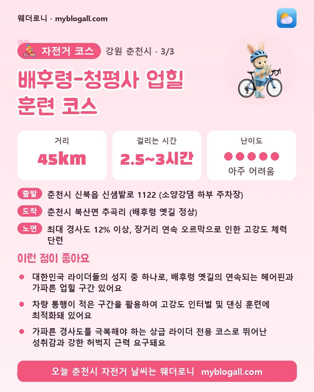 춘천시 자전거 코스 · 배후령-청평사 업힐 훈련 코스 — 45km · 2.5~3시간 · 난이도 5/5 — 대한민국 라이더들의 성지 중 하나로, 배후령 옛길의 연속되는 헤어핀과 가파른 업힐 구간 있어요 — 차량 통행이 적은 구간을 활용하여 고강도 인터벌 및 댄싱 훈련에 최적화돼 있어요