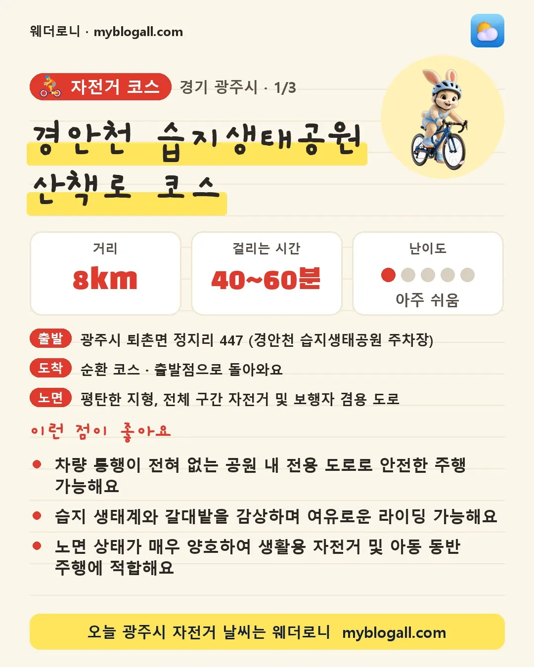 광주시 자전거 코스 · 경안천 습지생태공원 산책로 코스 — 8km · 40~60분 · 난이도 1/5 — 차량 통행이 전혀 없는 공원 내 전용 도로로 안전한 주행 가능해요 — 습지 생태계와 갈대밭을 감상하며 여유로운 라이딩 가능해요