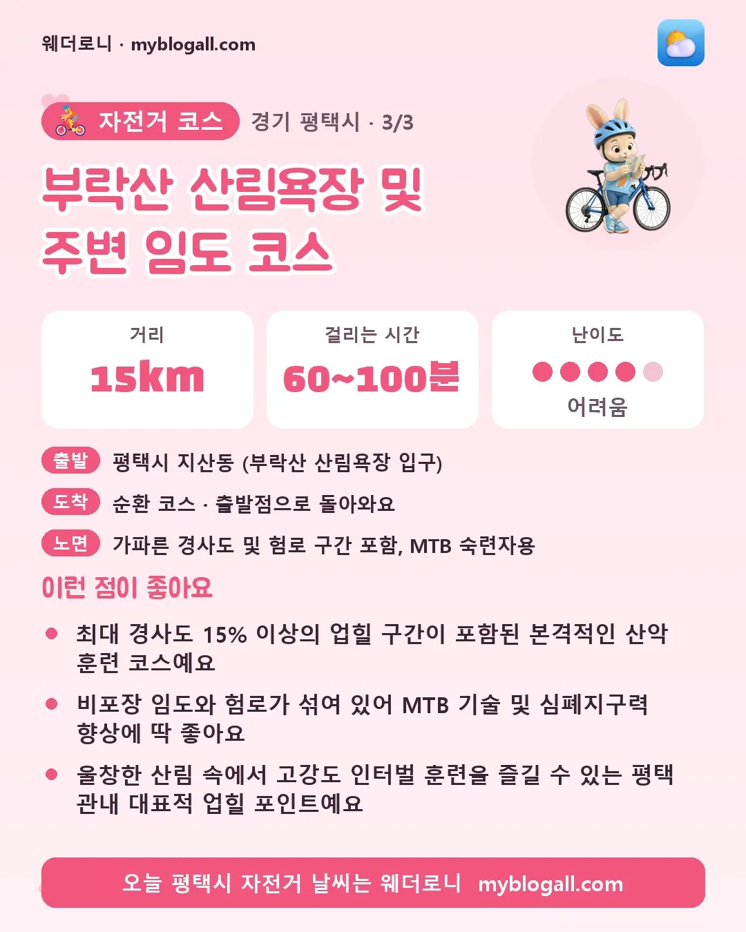 평택시 자전거 코스 · 부락산 산림욕장 및 주변 임도 코스 — 15km · 60~100분 · 난이도 4/5 — 최대 경사도 15% 이상의 업힐 구간이 포함된 본격적인 산악 훈련 코스예요 — 비포장 임도와 험로가 섞여 있어 MTB 기술 및 심폐지구력 향상에 딱 좋아요