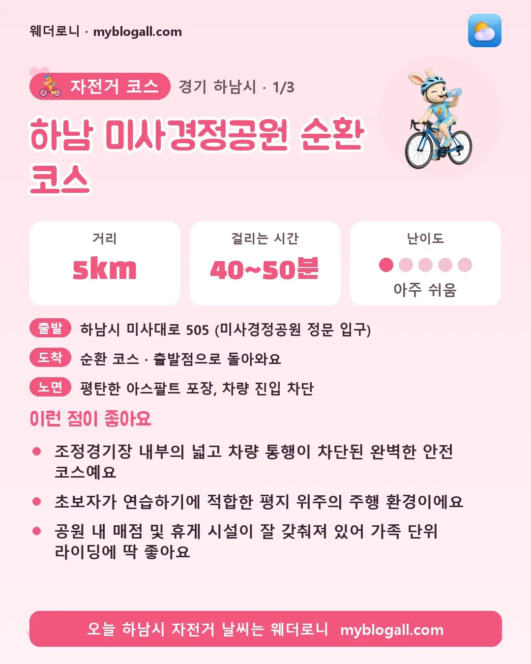 하남시 자전거 코스 · 하남 미사경정공원 순환 코스 — 5km · 40~50분 · 난이도 1/5 — 조정경기장 내부의 넓고 차량 통행이 차단된 완벽한 안전 코스예요 — 초보자가 연습하기에 적합한 평지 위주의 주행 환경이에요