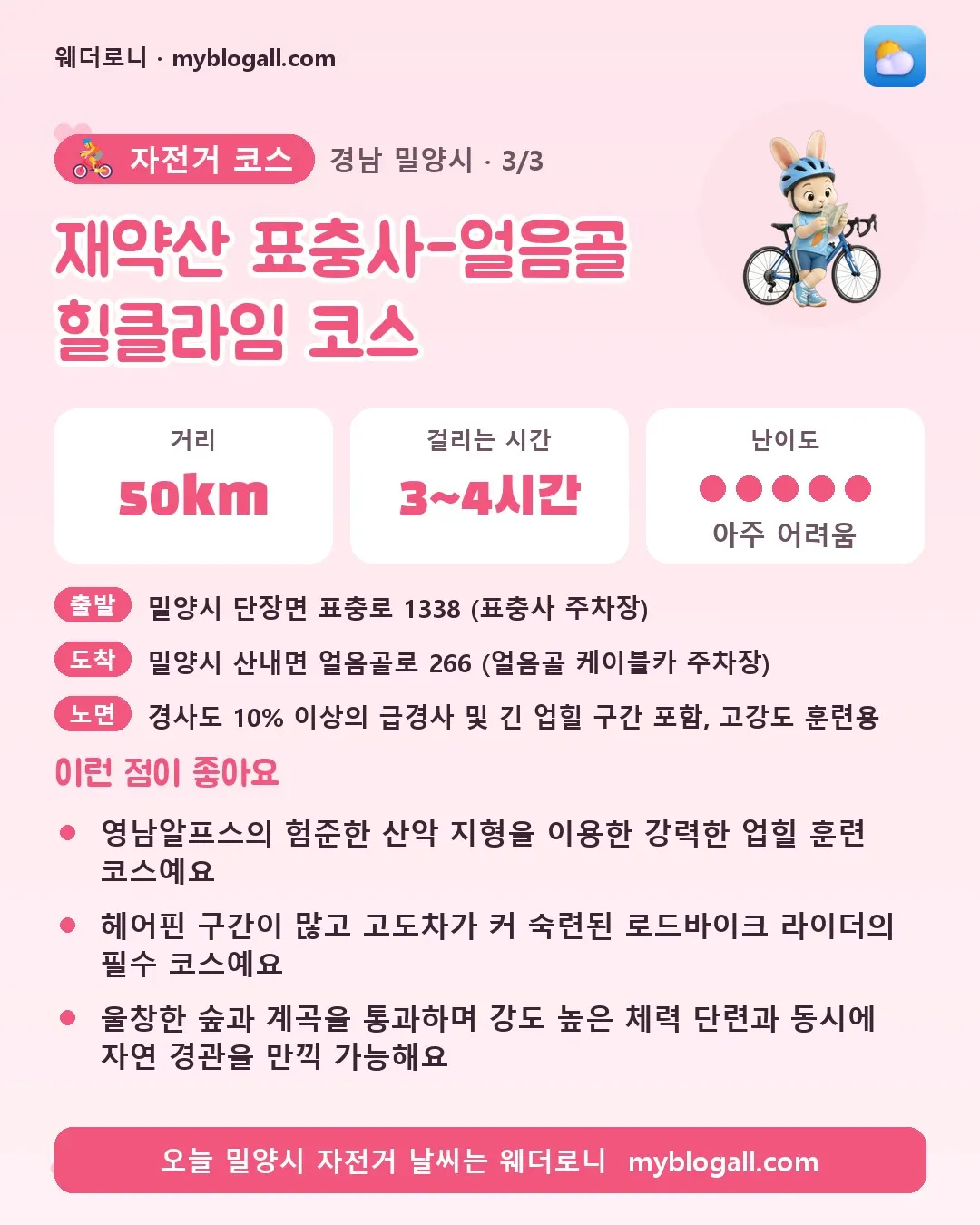 밀양시 자전거 코스 · 재약산 표충사-얼음골 힐클라임 코스 — 50km · 3~4시간 · 난이도 5/5 — 영남알프스의 험준한 산악 지형을 이용한 강력한 업힐 훈련 코스예요 — 헤어핀 구간이 많고 고도차가 커 숙련된 로드바이크 라이더의 필수 코스예요