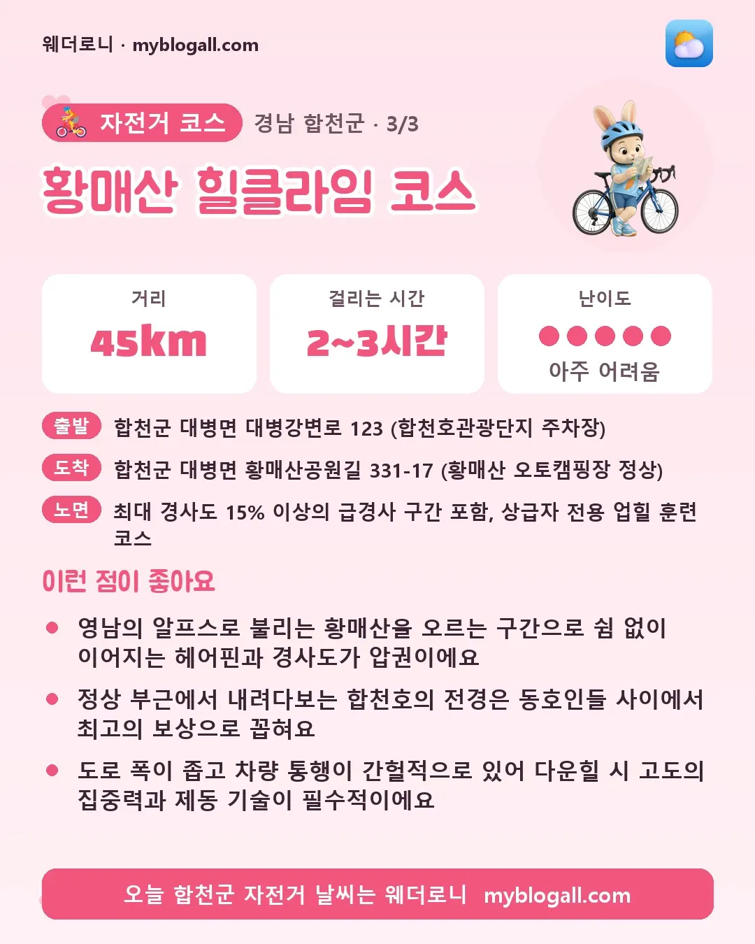 합천군 자전거 코스 · 황매산 힐클라임 코스 — 45km · 2~3시간 · 난이도 5/5 — 영남의 알프스로 불리는 황매산을 오르는 구간으로 쉼 없이 이어지는 헤어핀과 경사도가 압권이에요 — 정상 부근에서 내려다보는 합천호의 전경은 동호인들 사이에서 최고의 보상으로 꼽혀요