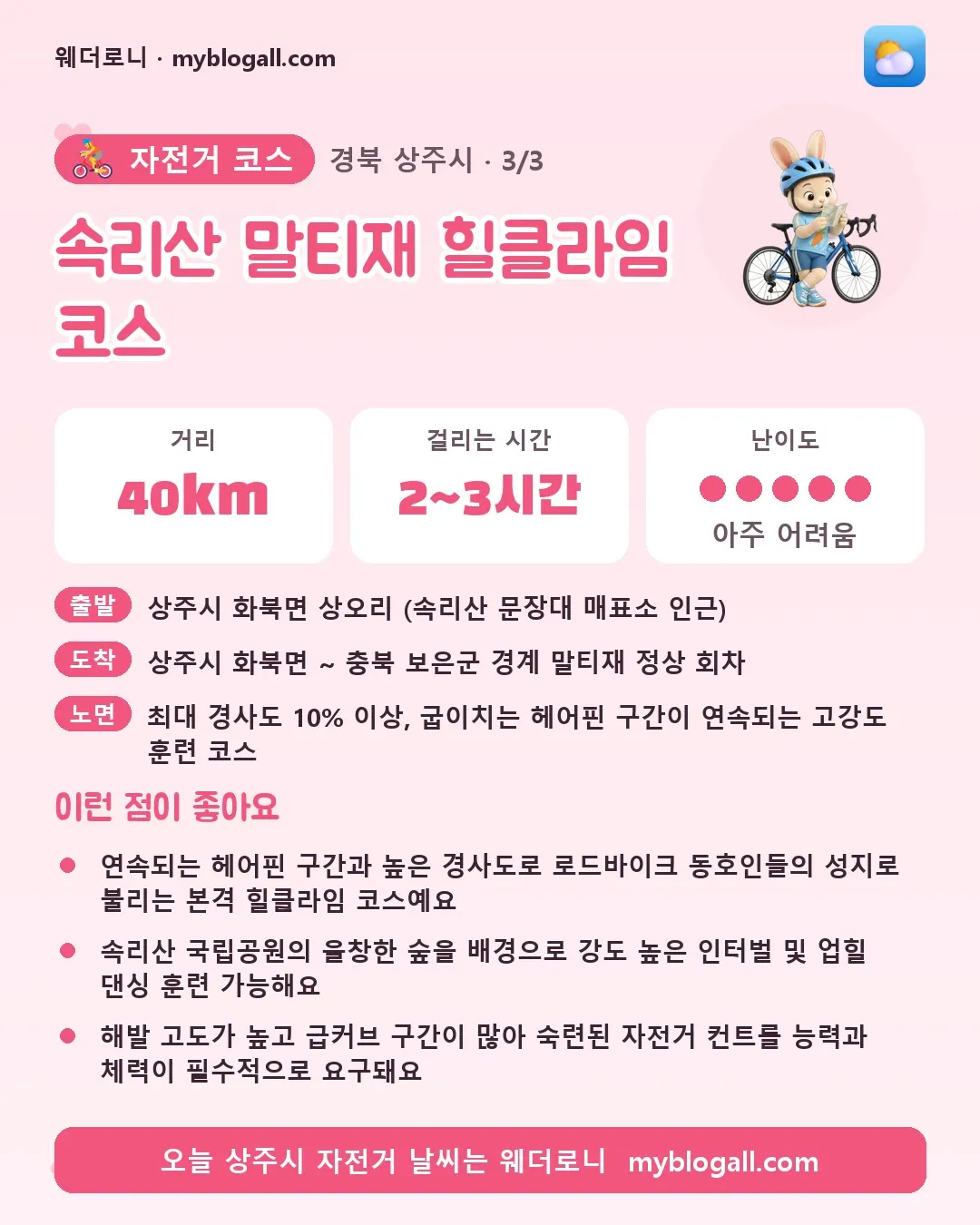 상주시 자전거 코스 · 속리산 말티재 힐클라임 코스 — 40km · 2~3시간 · 난이도 5/5 — 연속되는 헤어핀 구간과 높은 경사도로 로드바이크 동호인들의 성지로 불리는 본격 힐클라임 코스예요 — 속리산 국립공원의 울창한 숲을 배경으로 강도 높은 인터벌 및 업힐 댄싱 훈련 가능해요