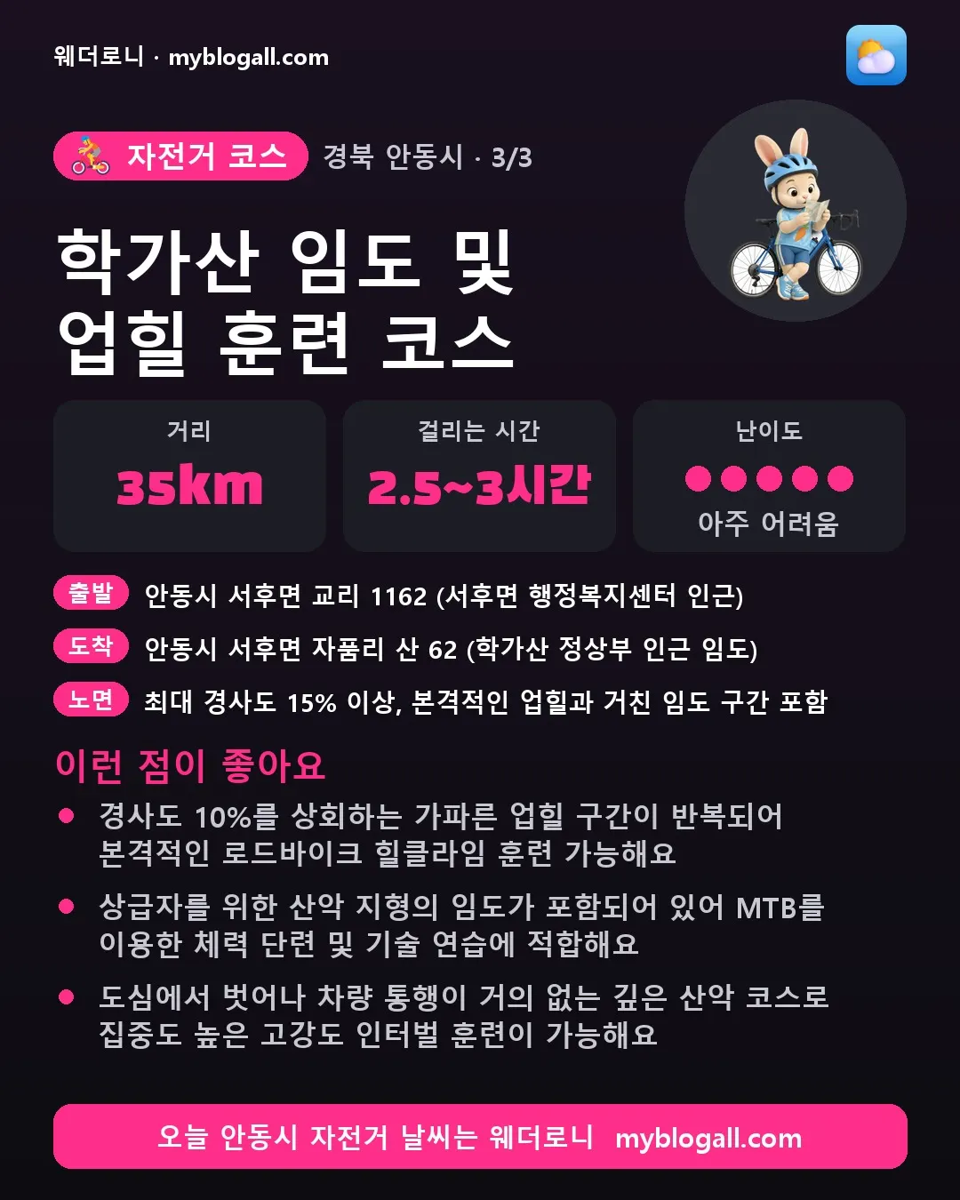 안동시 자전거 코스 · 학가산 임도 및 업힐 훈련 코스 — 35km · 2.5~3시간 · 난이도 5/5 — 경사도 10%를 상회하는 가파른 업힐 구간이 반복되어 본격적인 로드바이크 힐클라임 훈련 가능해요 — 상급자를 위한 산악 지형의 임도가 포함되어 있어 MTB를 이용한 체력 단련 및 기술 연습에 적합해요