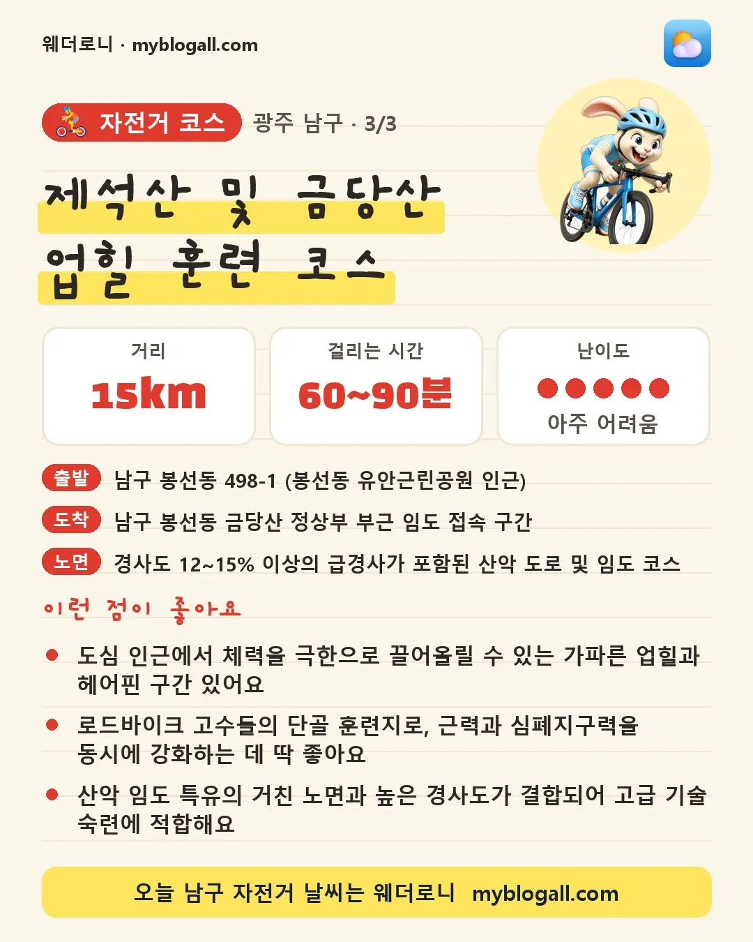 남구 자전거 코스 · 제석산 및 금당산 업힐 훈련 코스 — 15km · 60~90분 · 난이도 5/5 — 도심 인근에서 체력을 극한으로 끌어올릴 수 있는 가파른 업힐과 헤어핀 구간 있어요 — 로드바이크 고수들의 단골 훈련지로, 근력과 심폐지구력을 동시에 강화하는 데 딱 좋아요