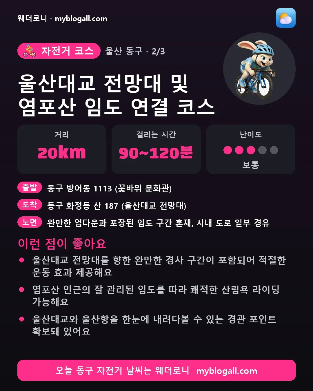 동구 자전거 코스 · 울산대교 전망대 및 염포산 임도 연결 코스 — 20km · 90~120분 · 난이도 3/5 — 울산대교 전망대를 향한 완만한 경사 구간이 포함되어 적절한 운동 효과 제공해요 — 염포산 인근의 잘 관리된 임도를 따라 쾌적한 산림욕 라이딩 가능해요