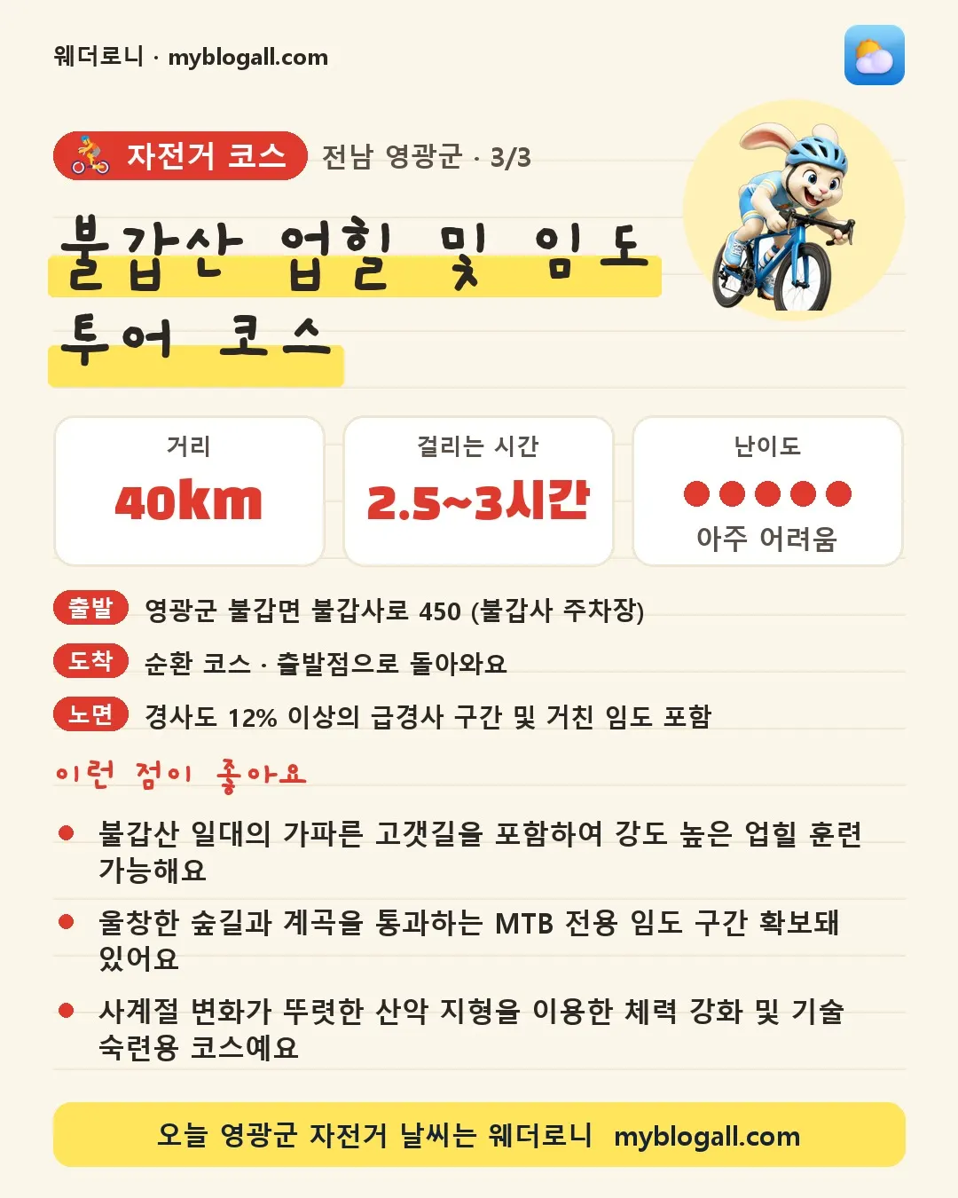 영광군 자전거 코스 · 불갑산 업힐 및 임도 투어 코스 — 40km · 2.5~3시간 · 난이도 5/5 — 불갑산 일대의 가파른 고갯길을 포함하여 강도 높은 업힐 훈련 가능해요 — 울창한 숲길과 계곡을 통과하는 MTB 전용 임도 구간 확보돼 있어요