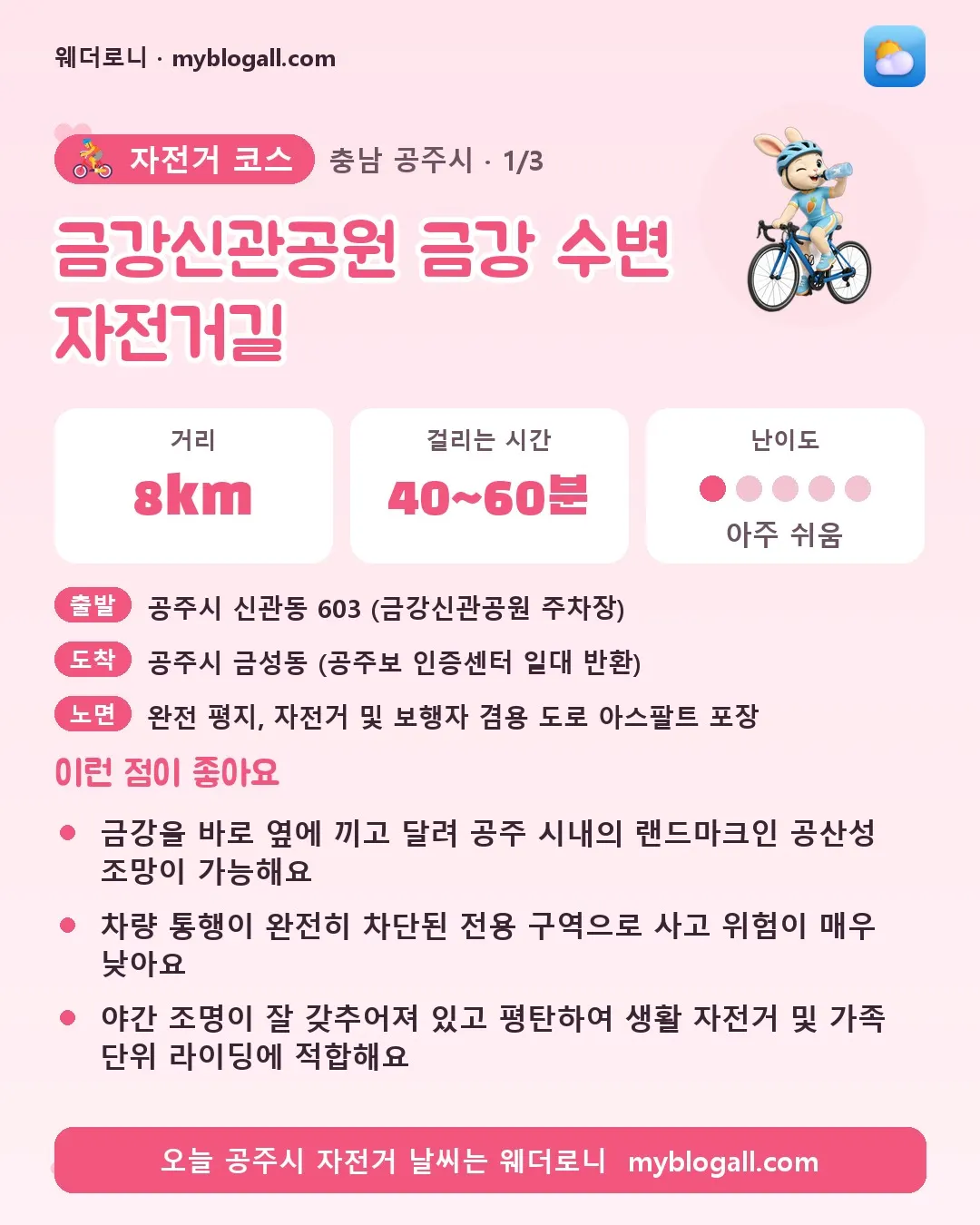 공주시 자전거 코스 · 금강신관공원 금강 수변 자전거길 — 8km · 40~60분 · 난이도 1/5 — 금강을 바로 옆에 끼고 달려 공주 시내의 랜드마크인 공산성 조망이 가능해요 — 차량 통행이 완전히 차단된 전용 구역으로 사고 위험이 매우 낮아요