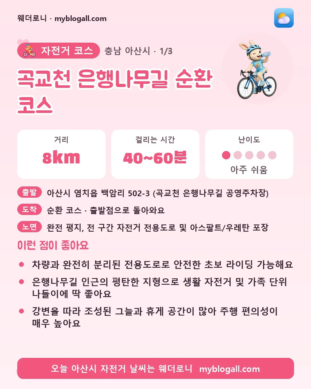 아산시 자전거 코스 · 곡교천 은행나무길 순환 코스 — 8km · 40~60분 · 난이도 1/5 — 차량과 완전히 분리된 전용도로로 안전한 초보 라이딩 가능해요 — 은행나무길 인근의 평탄한 지형으로 생활 자전거 및 가족 단위 나들이에 딱 좋아요