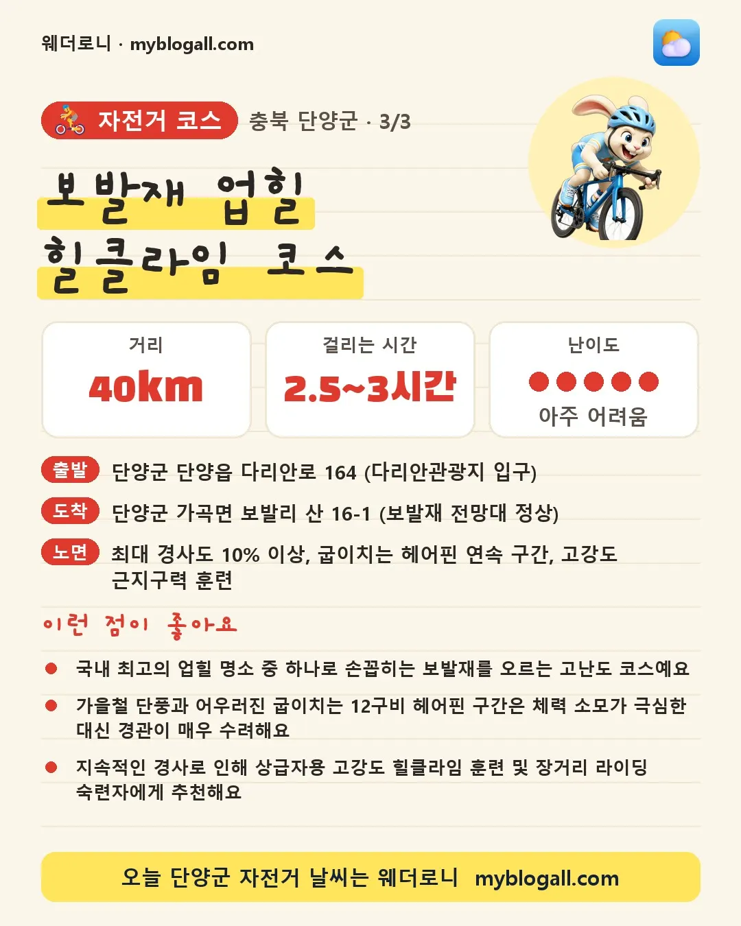 단양군 자전거 코스 · 보발재 업힐 힐클라임 코스 — 40km · 2.5~3시간 · 난이도 5/5 — 국내 최고의 업힐 명소 중 하나로 손꼽히는 보발재를 오르는 고난도 코스예요 — 가을철 단풍과 어우러진 굽이치는 12구비 헤어핀 구간은 체력 소모가 극심한 대신 경관이 매우 수려해요