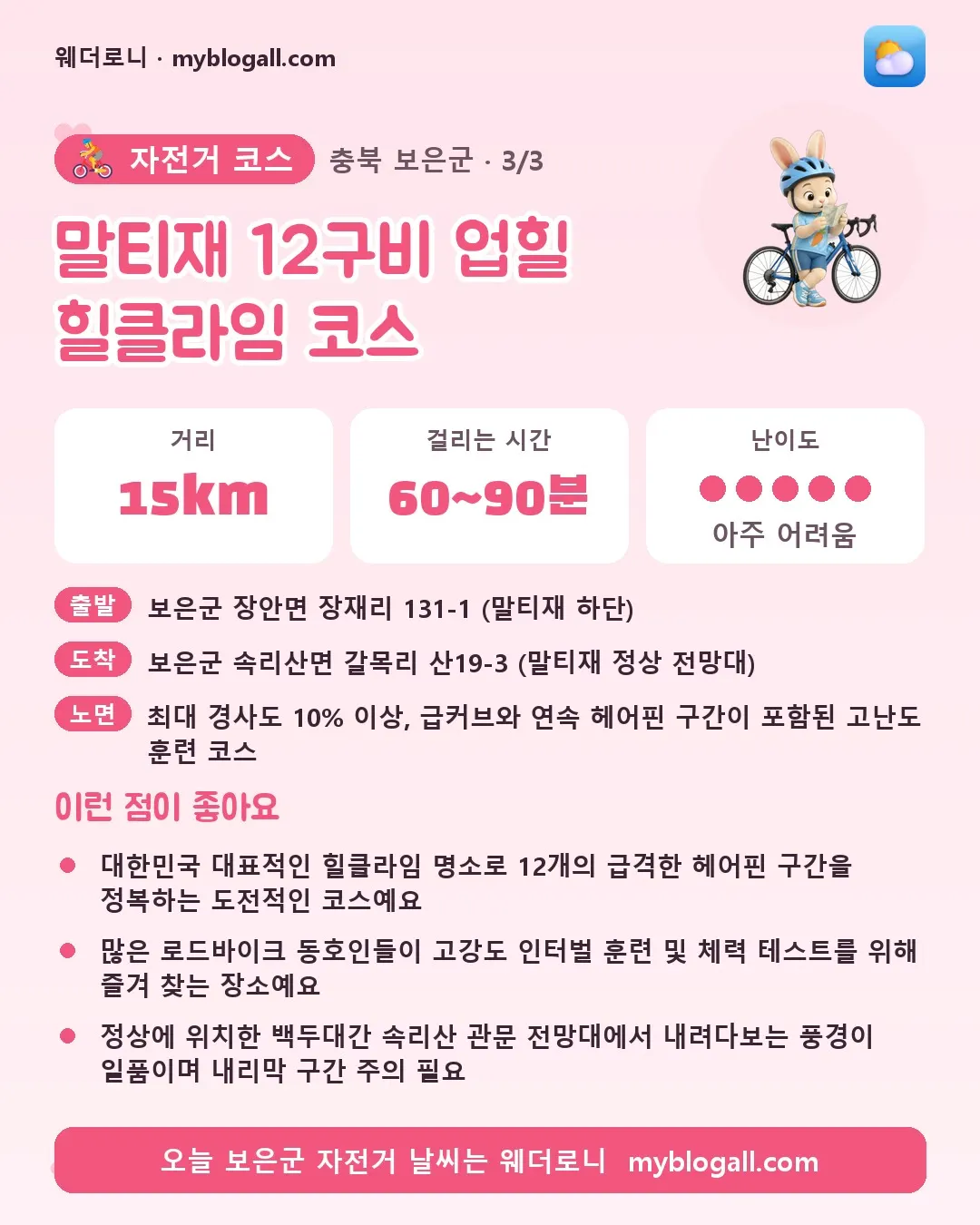보은군 자전거 코스 · 말티재 12구비 업힐 힐클라임 코스 — 15km · 60~90분 · 난이도 5/5 — 대한민국 대표적인 힐클라임 명소로 12개의 급격한 헤어핀 구간을 정복하는 도전적인 코스예요 — 많은 로드바이크 동호인들이 고강도 인터벌 훈련 및 체력 테스트를 위해 즐겨 찾는 장소예요