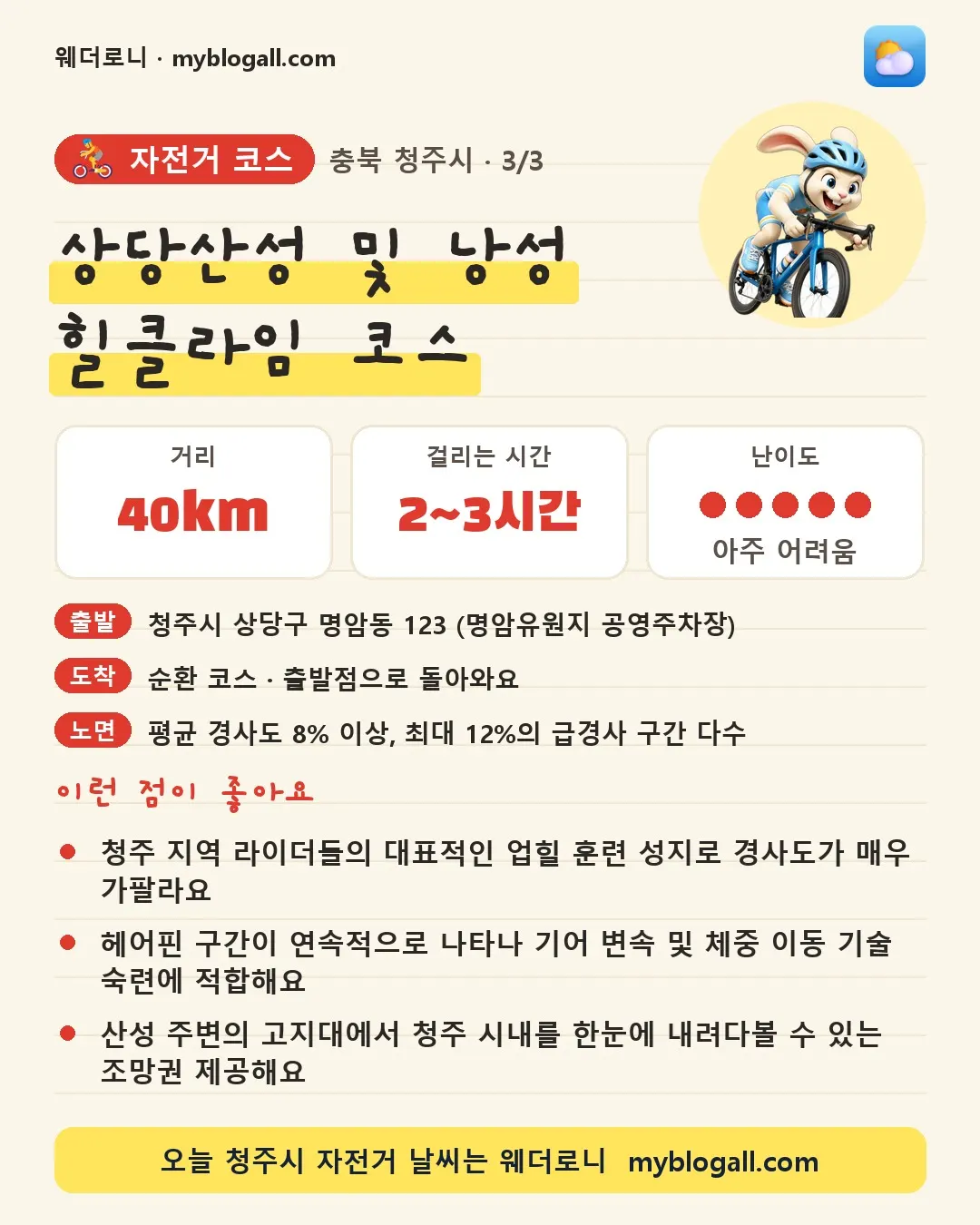 청주시 자전거 코스 · 상당산성 및 낭성 힐클라임 코스 — 40km · 2~3시간 · 난이도 5/5 — 청주 지역 라이더들의 대표적인 업힐 훈련 성지로 경사도가 매우 가팔라요 — 헤어핀 구간이 연속적으로 나타나 기어 변속 및 체중 이동 기술 숙련에 적합해요