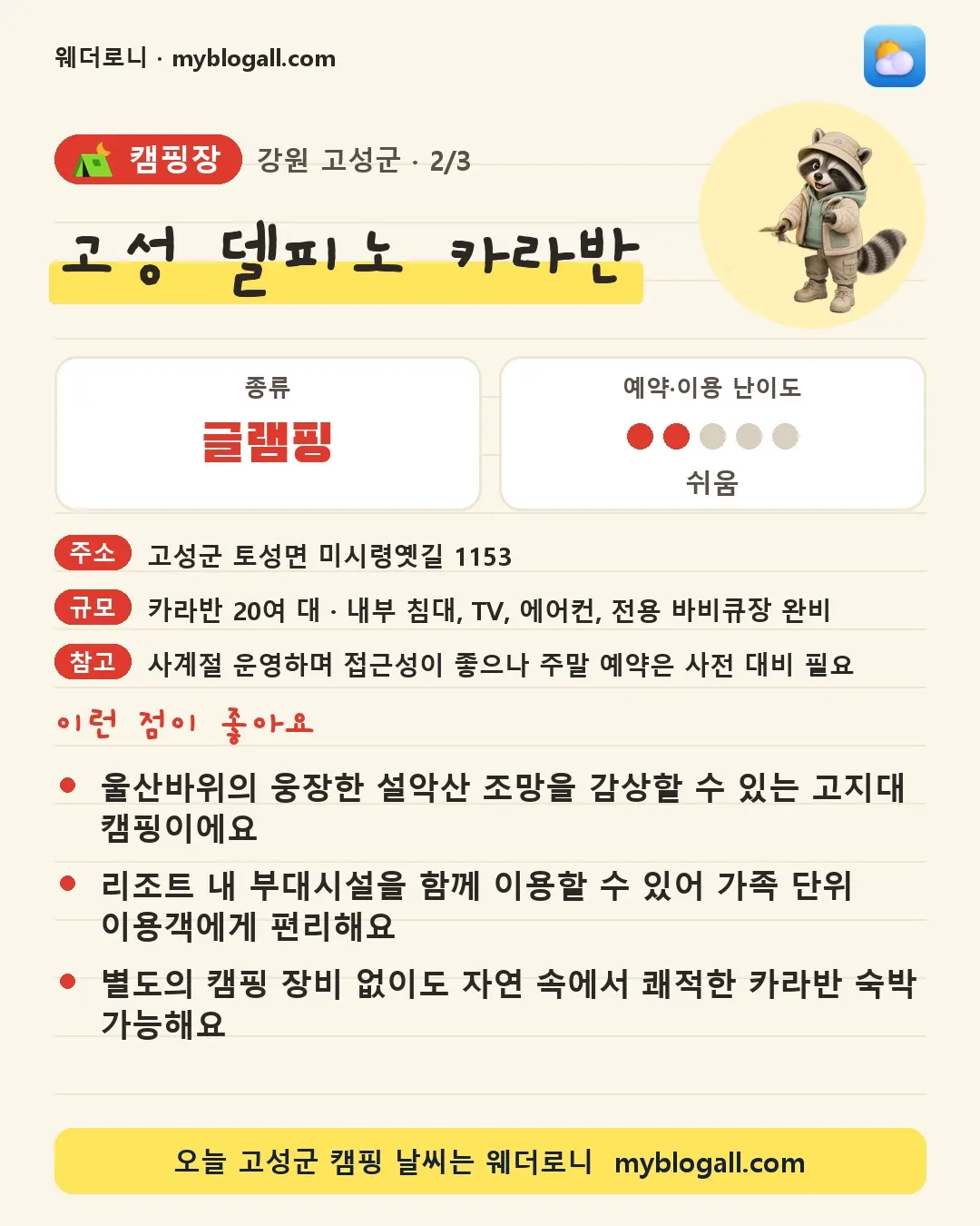 고성군 캠핑장 · 고성 델피노 카라반 — 글램핑 · 예약·이용 난이도 2/5 — 울산바위의 웅장한 설악산 조망을 감상할 수 있는 고지대 캠핑이에요 — 리조트 내 부대시설을 함께 이용할 수 있어 가족 단위 이용객에게 편리해요