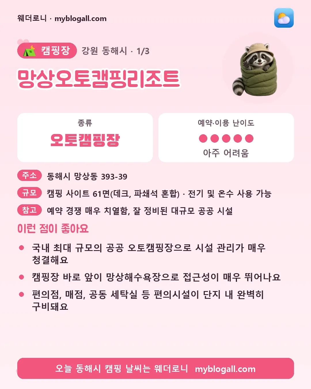 동해시 캠핑장 · 망상오토캠핑리조트 — 오토캠핑장 · 예약·이용 난이도 5/5 — 국내 최대 규모의 공공 오토캠핑장으로 시설 관리가 매우 청결해요 — 캠핑장 바로 앞이 망상해수욕장으로 접근성이 매우 뛰어나요