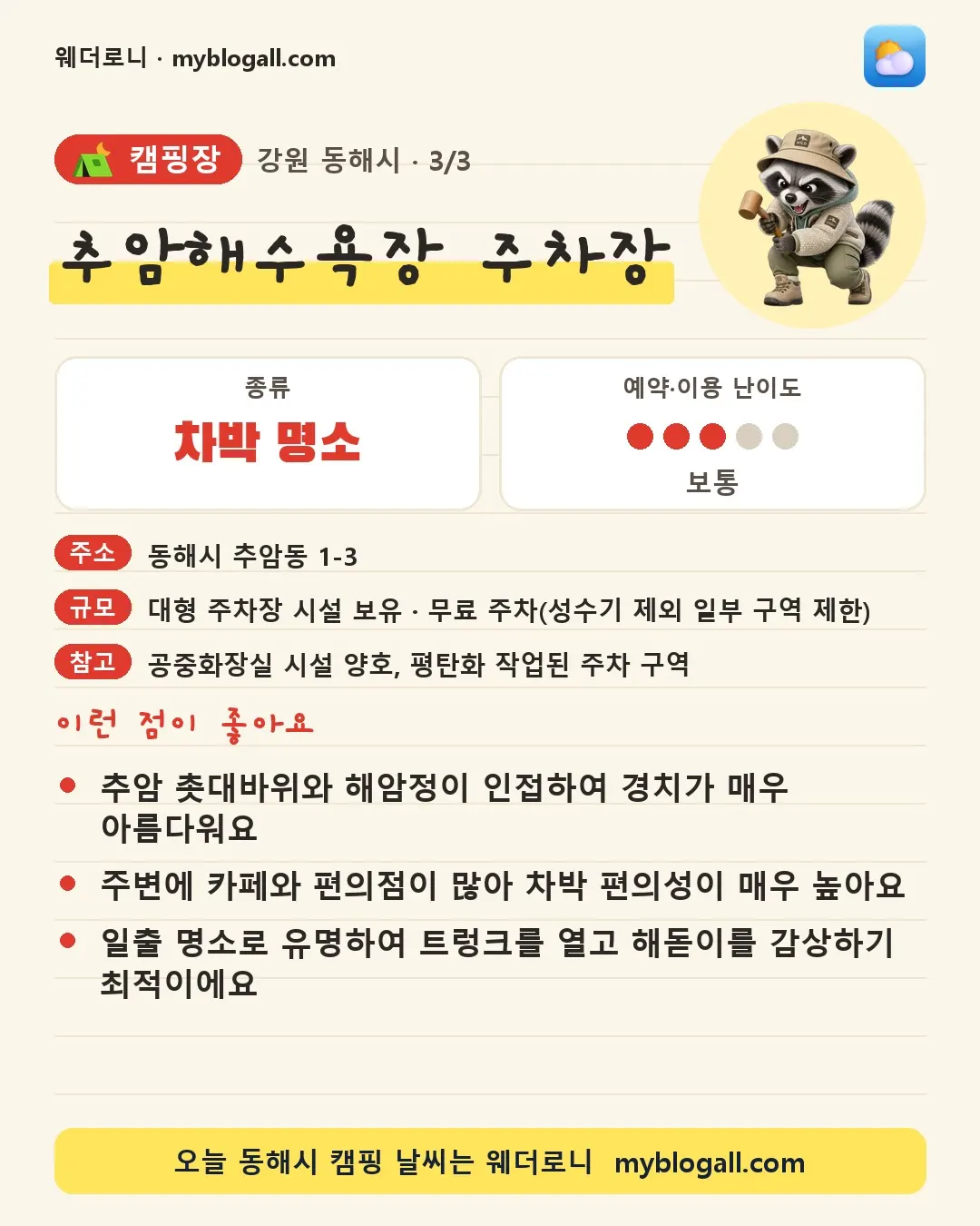 동해시 캠핑장 · 추암해수욕장 주차장 — 차박 명소 · 예약·이용 난이도 3/5 — 추암 촛대바위와 해암정이 인접하여 경치가 매우 아름다워요 — 주변에 카페와 편의점이 많아 차박 편의성이 매우 높아요