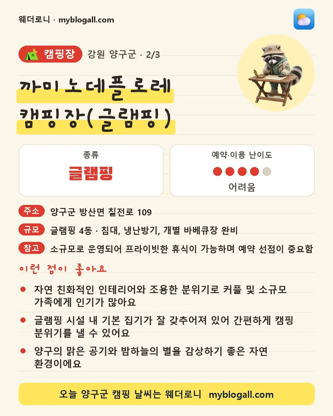 양구군 캠핑장 · 까미노데플로레 캠핑장(글램핑) — 글램핑 · 예약·이용 난이도 4/5 — 자연 친화적인 인테리어와 조용한 분위기로 커플 및 소규모 가족에게 인기가 많아요 — 글램핑 시설 내 기본 집기가 잘 갖추어져 있어 간편하게 캠핑 분위기를 낼 수 있어요