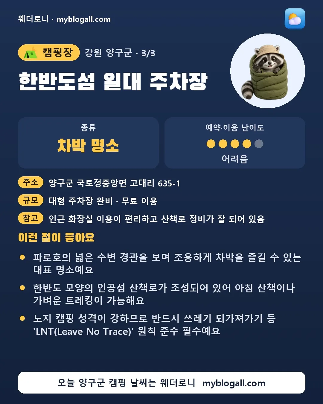 양구군 캠핑장 · 한반도섬 일대 주차장 — 차박 명소 · 예약·이용 난이도 4/5 — 파로호의 넓은 수변 경관을 보며 조용하게 차박을 즐길 수 있는 대표 명소예요 — 한반도 모양의 인공섬 산책로가 조성되어 있어 아침 산책이나 가벼운 트레킹이 가능해요