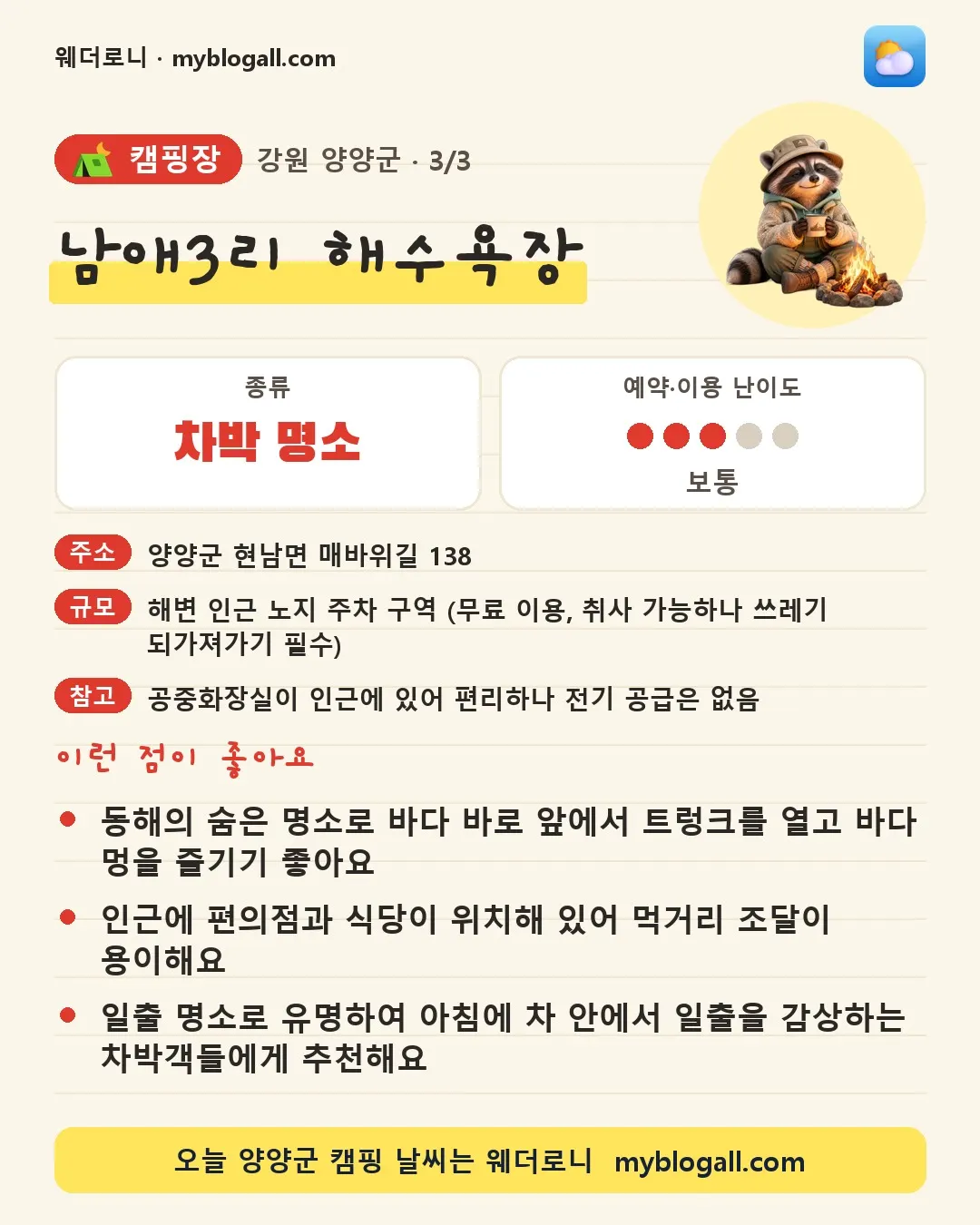 양양군 캠핑장 · 남애3리 해수욕장 — 차박 명소 · 예약·이용 난이도 3/5 — 동해의 숨은 명소로 바다 바로 앞에서 트렁크를 열고 바다 멍을 즐기기 좋아요 — 인근에 편의점과 식당이 위치해 있어 먹거리 조달이 용이해요