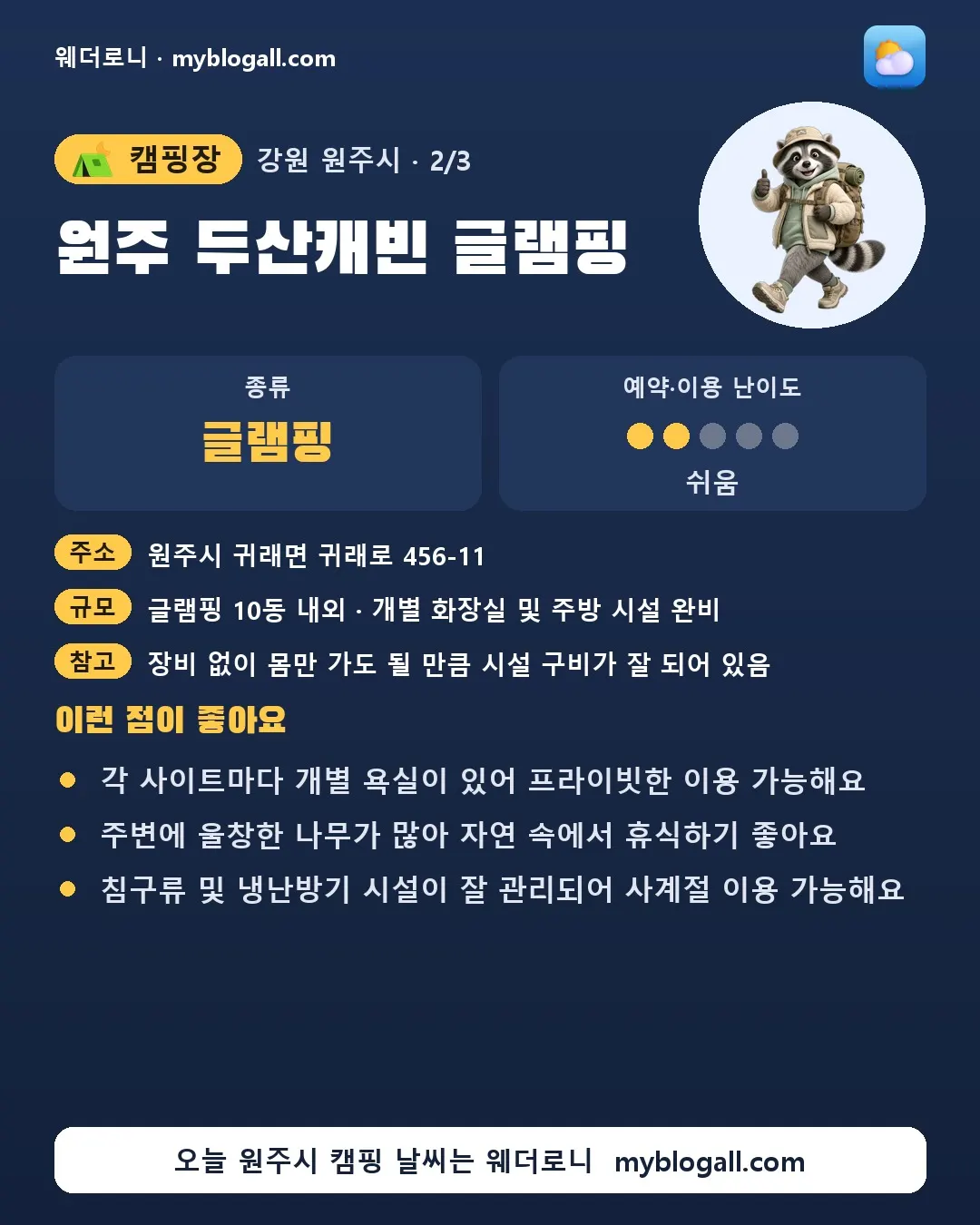 원주시 캠핑장 · 원주 두산캐빈 글램핑 — 글램핑 · 예약·이용 난이도 2/5 — 각 사이트마다 개별 욕실이 있어 프라이빗한 이용 가능해요 — 주변에 울창한 나무가 많아 자연 속에서 휴식하기 좋아요
