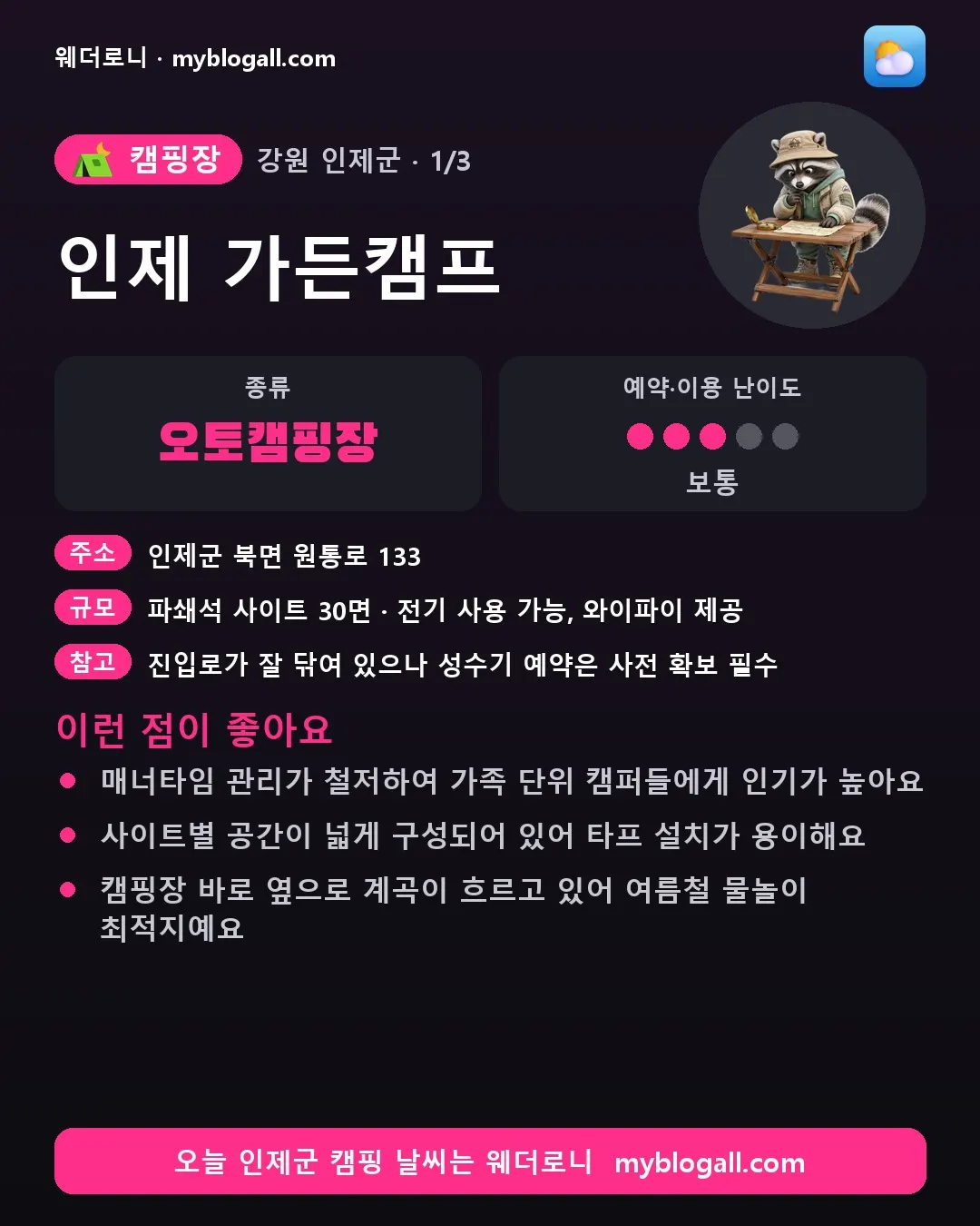 인제군 캠핑장 · 인제 가든캠프 — 오토캠핑장 · 예약·이용 난이도 3/5 — 매너타임 관리가 철저하여 가족 단위 캠퍼들에게 인기가 높아요 — 사이트별 공간이 넓게 구성되어 있어 타프 설치가 용이해요