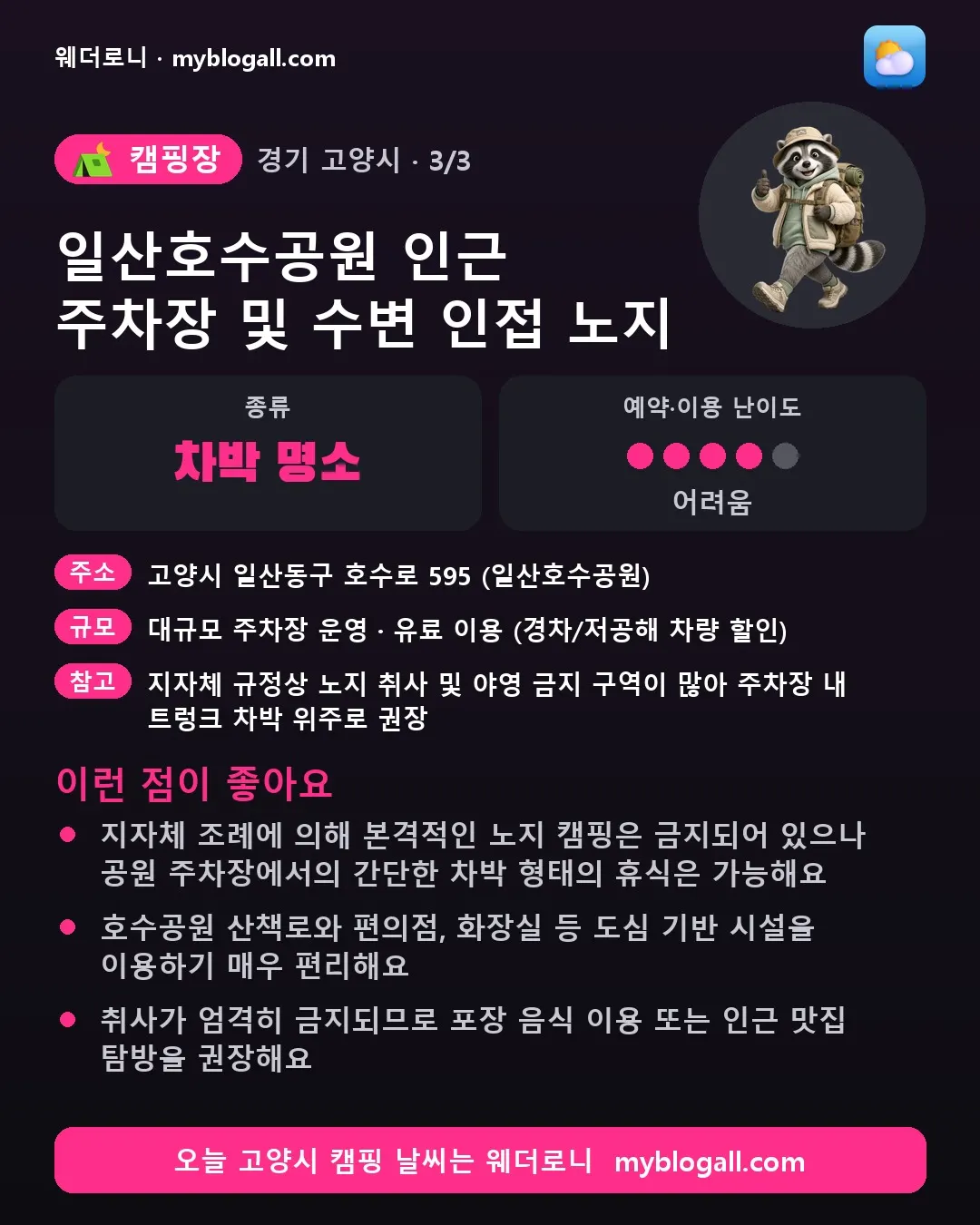 고양시 캠핑장 · 일산호수공원 인근 주차장 및 수변 인접 노지 — 차박 명소 · 예약·이용 난이도 4/5 — 지자체 조례에 의해 본격적인 노지 캠핑은 금지되어 있으나 공원 주차장에서의 간단한 차박 형태의 휴식은 가능해요 — 호수공원 산책로와 편의점, 화장실 등 도심 기반 시설을 이용하기 매우 편리해요