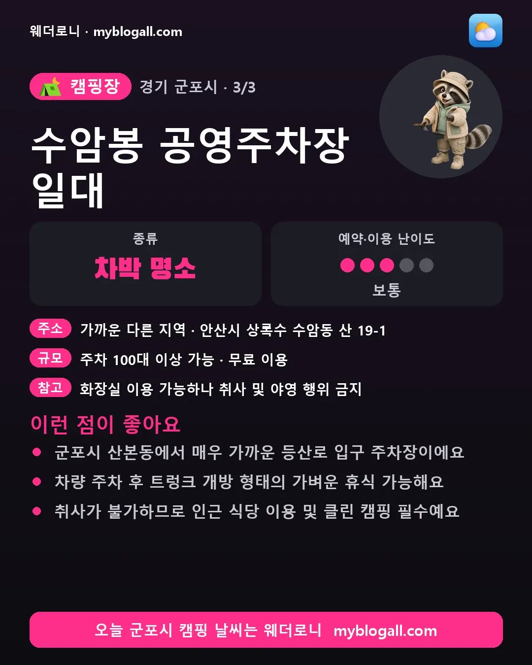 군포시 캠핑장 · 수암봉 공영주차장 일대 — 차박 명소 · 예약·이용 난이도 3/5 — 군포시 산본동에서 매우 가까운 등산로 입구 주차장이에요 — 차량 주차 후 트렁크 개방 형태의 가벼운 휴식 가능해요