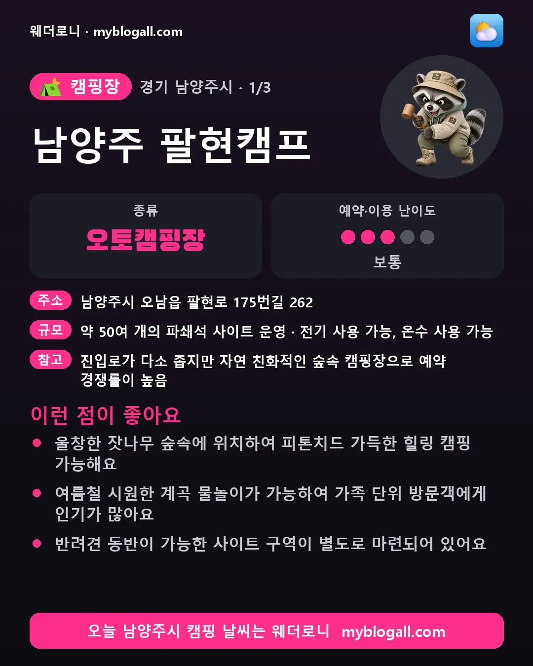 남양주시 캠핑장 · 남양주 팔현캠프 — 오토캠핑장 · 예약·이용 난이도 3/5 — 울창한 잣나무 숲속에 위치하여 피톤치드 가득한 힐링 캠핑 가능해요 — 여름철 시원한 계곡 물놀이가 가능하여 가족 단위 방문객에게 인기가 많아요