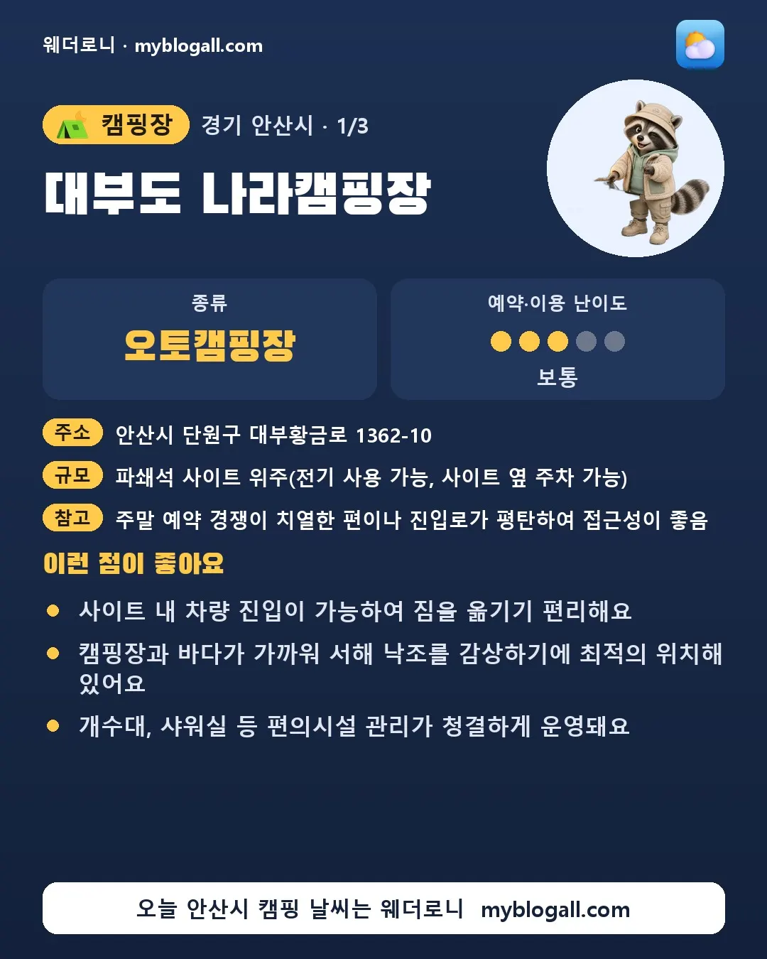 안산시 캠핑장 · 대부도 나라캠핑장 — 오토캠핑장 · 예약·이용 난이도 3/5 — 사이트 내 차량 진입이 가능하여 짐을 옮기기 편리해요 — 캠핑장과 바다가 가까워 서해 낙조를 감상하기에 최적의 위치해 있어요