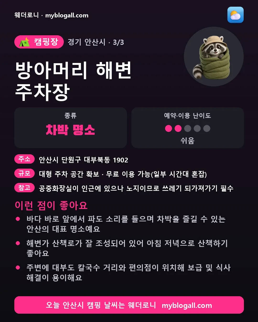 안산시 캠핑장 · 방아머리 해변 주차장 — 차박 명소 · 예약·이용 난이도 2/5 — 바다 바로 앞에서 파도 소리를 들으며 차박을 즐길 수 있는 안산의 대표 명소예요 — 해변가 산책로가 잘 조성되어 있어 아침 저녁으로 산책하기 좋아요