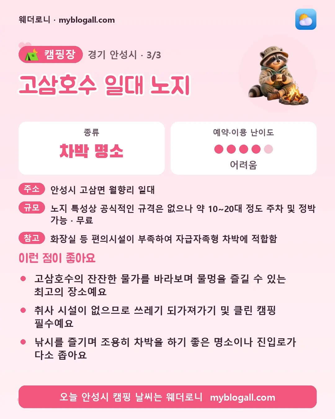 안성시 캠핑장 · 고삼호수 일대 노지 — 차박 명소 · 예약·이용 난이도 4/5 — 고삼호수의 잔잔한 물가를 바라보며 물멍을 즐길 수 있는 최고의 장소예요 — 취사 시설이 없으므로 쓰레기 되가져가기 및 클린 캠핑 필수예요