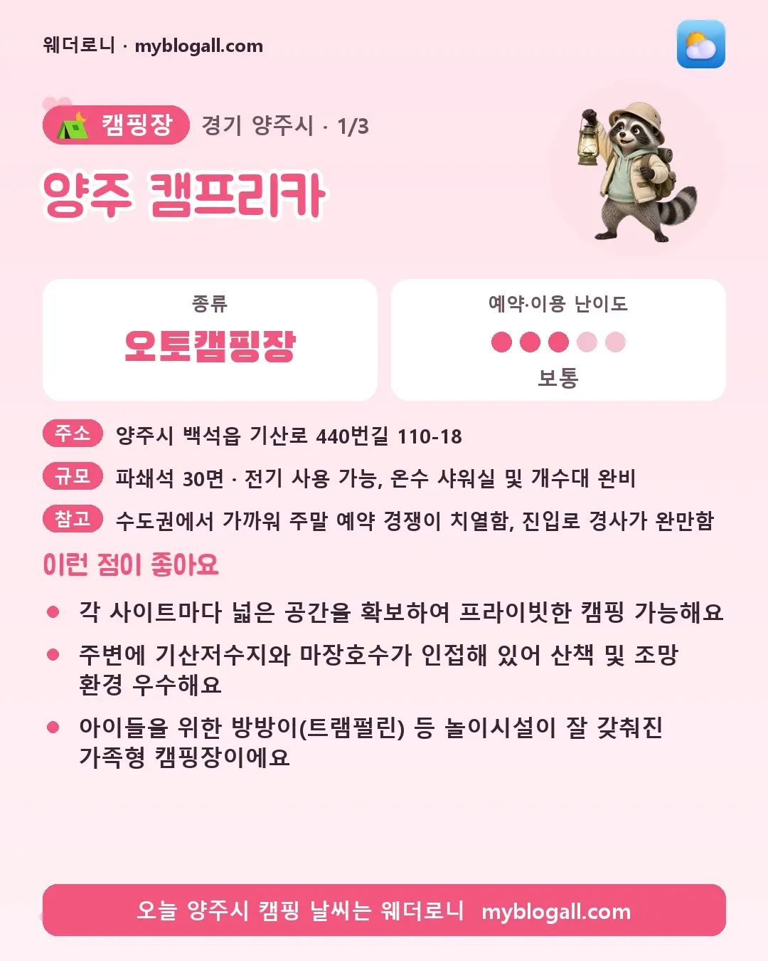 양주시 캠핑장 · 양주 캠프리카 — 오토캠핑장 · 예약·이용 난이도 3/5 — 각 사이트마다 넓은 공간을 확보하여 프라이빗한 캠핑 가능해요 — 주변에 기산저수지와 마장호수가 인접해 있어 산책 및 조망 환경 우수해요