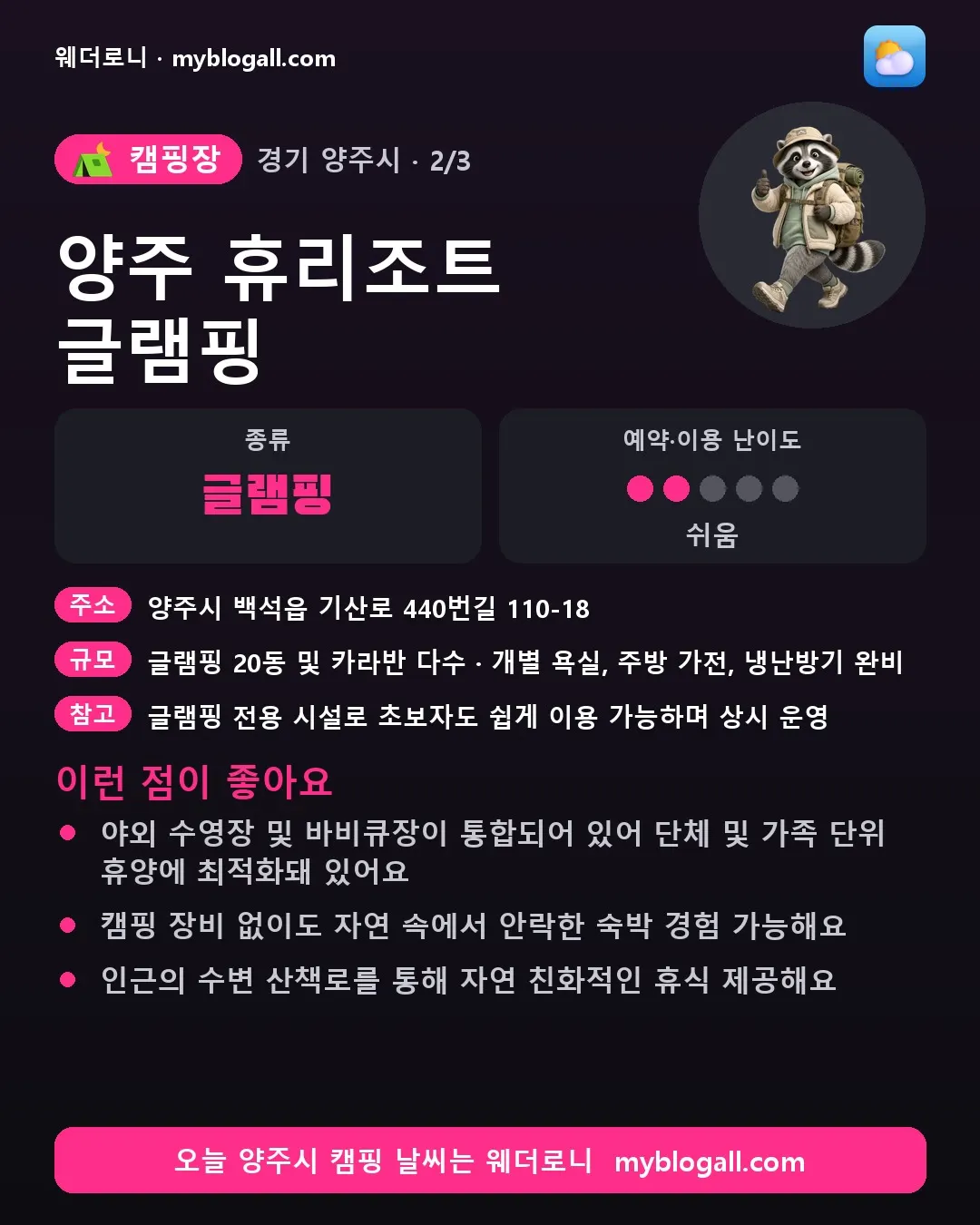 양주시 캠핑장 · 양주 휴리조트 글램핑 — 글램핑 · 예약·이용 난이도 2/5 — 야외 수영장 및 바비큐장이 통합되어 있어 단체 및 가족 단위 휴양에 최적화돼 있어요 — 캠핑 장비 없이도 자연 속에서 안락한 숙박 경험 가능해요