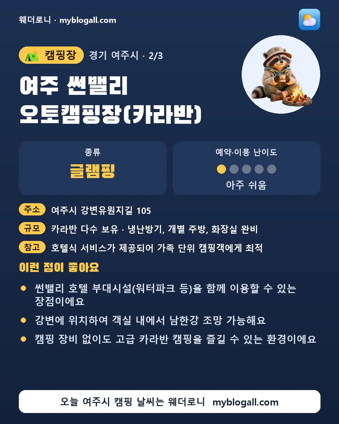 여주시 캠핑장 · 여주 썬밸리 오토캠핑장(카라반) — 글램핑 · 예약·이용 난이도 1/5 — 썬밸리 호텔 부대시설(워터파크 등)을 함께 이용할 수 있는 장점이에요 — 강변에 위치하여 객실 내에서 남한강 조망 가능해요