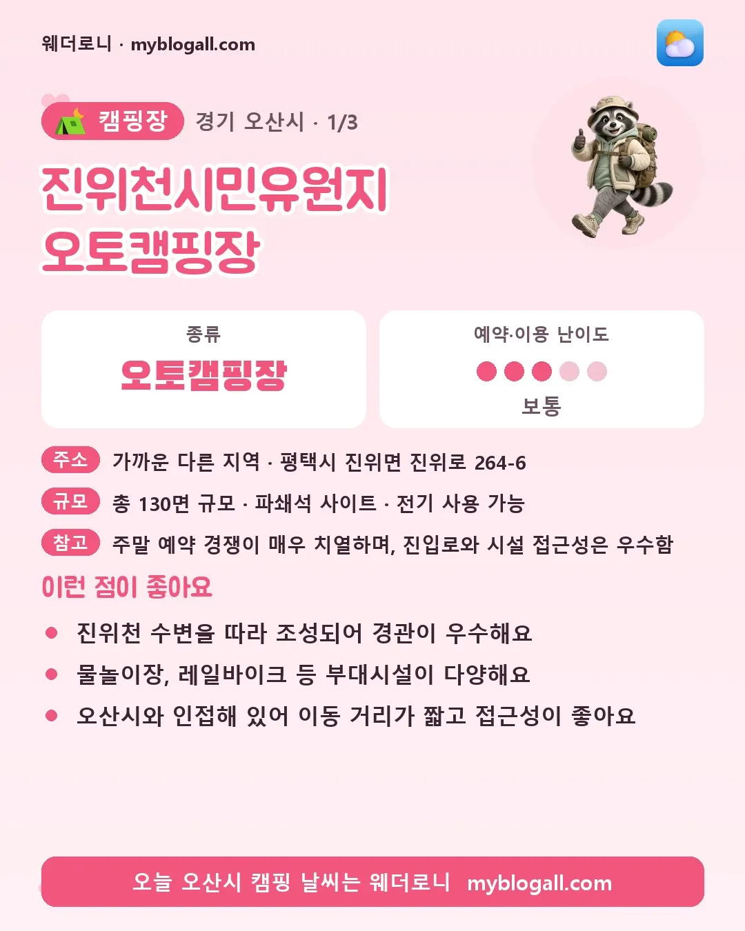 오산시 캠핑장 · 진위천시민유원지 오토캠핑장 — 오토캠핑장 · 예약·이용 난이도 3/5 — 진위천 수변을 따라 조성되어 경관이 우수해요 — 물놀이장, 레일바이크 등 부대시설이 다양해요