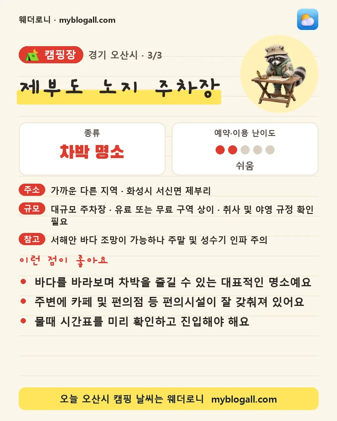 오산시 캠핑장 · 제부도 노지 주차장 — 차박 명소 · 예약·이용 난이도 2/5 — 바다를 바라보며 차박을 즐길 수 있는 대표적인 명소예요 — 주변에 카페 및 편의점 등 편의시설이 잘 갖춰져 있어요