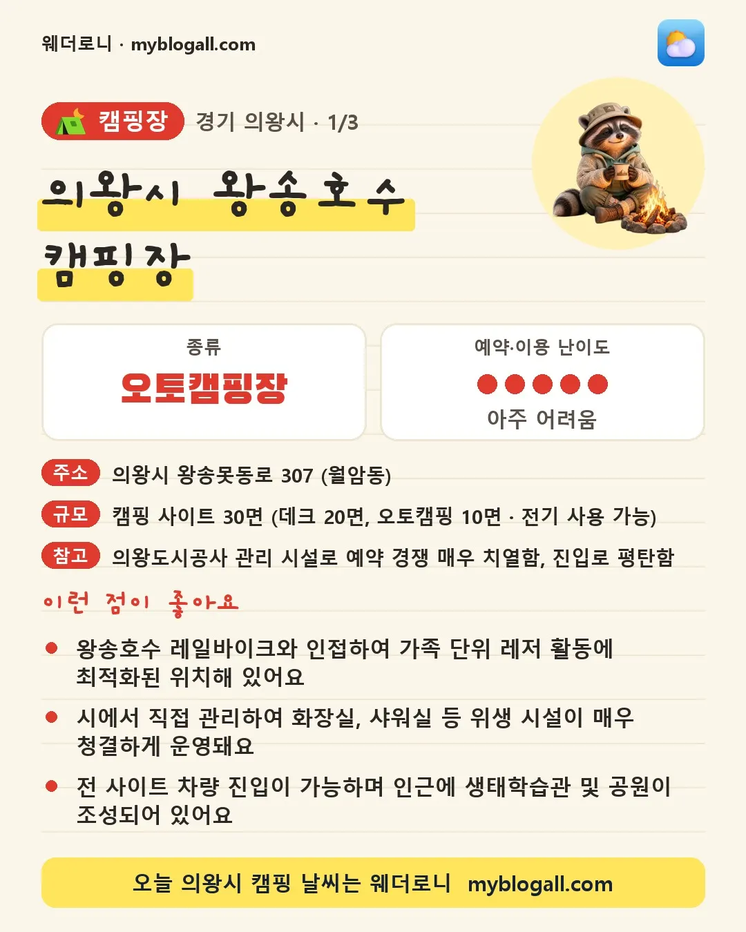 의왕시 캠핑장 · 의왕시 왕송호수 캠핑장 — 오토캠핑장 · 예약·이용 난이도 5/5 — 왕송호수 레일바이크와 인접하여 가족 단위 레저 활동에 최적화된 위치해 있어요 — 시에서 직접 관리하여 화장실, 샤워실 등 위생 시설이 매우 청결하게 운영돼요