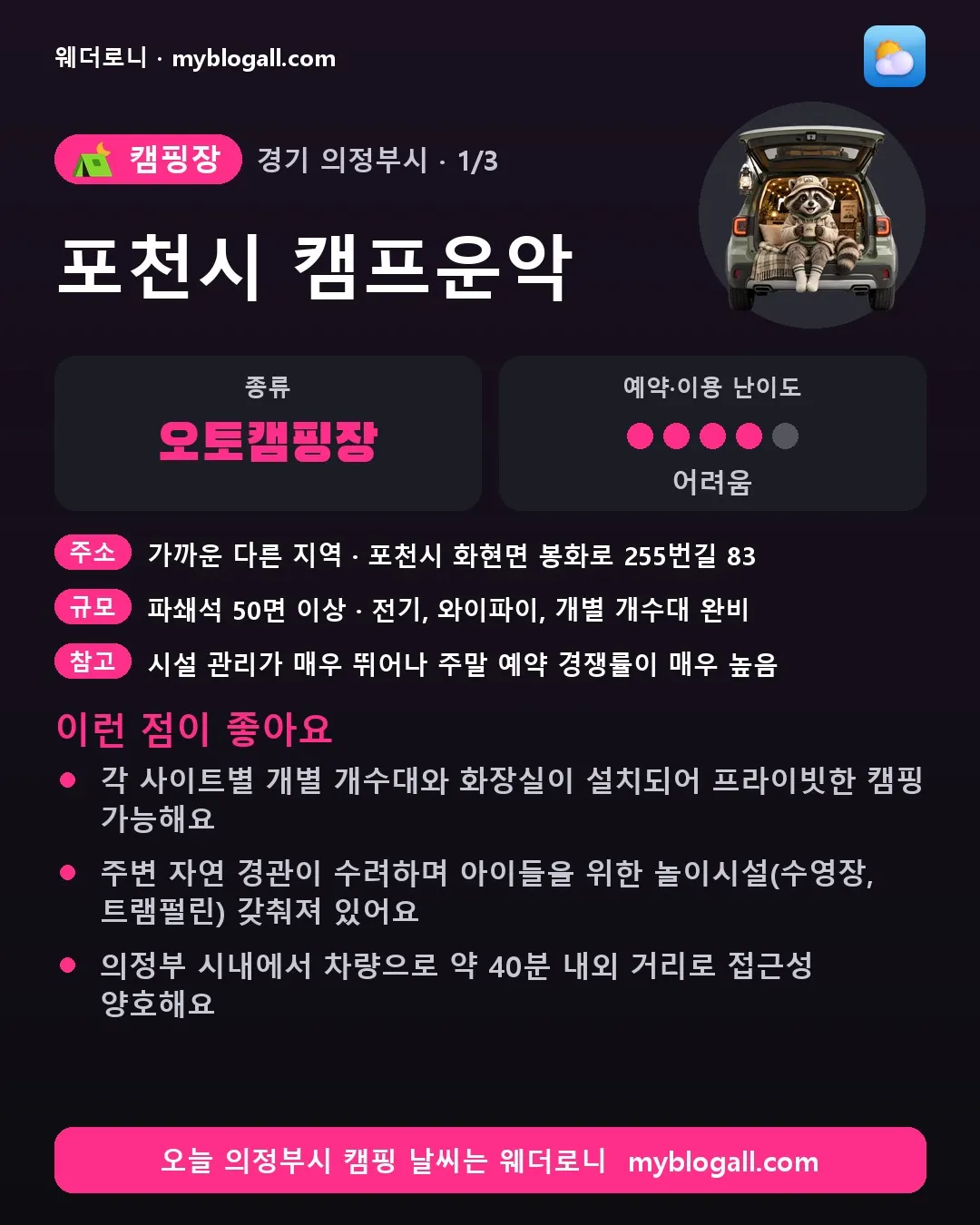 의정부시 캠핑장 · 포천시 캠프운악 — 오토캠핑장 · 예약·이용 난이도 4/5 — 각 사이트별 개별 개수대와 화장실이 설치되어 프라이빗한 캠핑 가능해요 — 주변 자연 경관이 수려하며 아이들을 위한 놀이시설(수영장, 트램펄린) 갖춰져 있어요