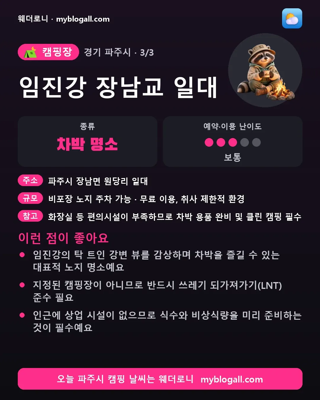 파주시 캠핑장 · 임진강 장남교 일대 — 차박 명소 · 예약·이용 난이도 3/5 — 임진강의 탁 트인 강변 뷰를 감상하며 차박을 즐길 수 있는 대표적 노지 명소예요 — 지정된 캠핑장이 아니므로 반드시 쓰레기 되가져가기(LNT) 준수 필요