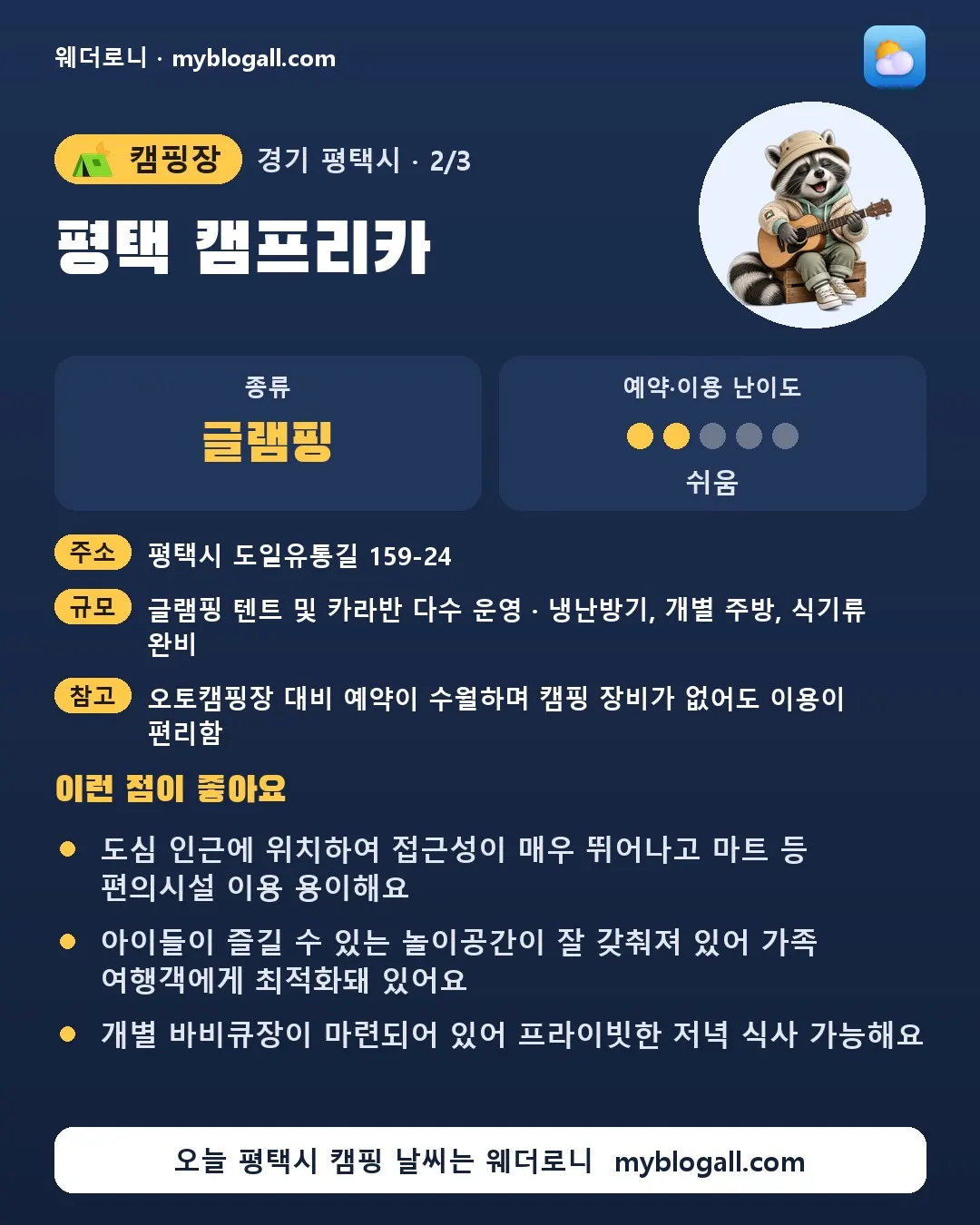 평택시 캠핑장 · 평택 캠프리카 — 글램핑 · 예약·이용 난이도 2/5 — 도심 인근에 위치하여 접근성이 매우 뛰어나고 마트 등 편의시설 이용 용이해요 — 아이들이 즐길 수 있는 놀이공간이 잘 갖춰져 있어 가족 여행객에게 최적화돼 있어요