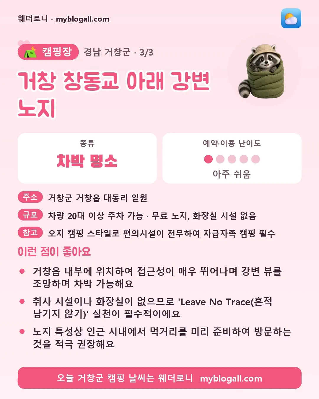 거창군 캠핑장 · 거창 창동교 아래 강변 노지 — 차박 명소 · 예약·이용 난이도 1/5 — 거창읍 내부에 위치하여 접근성이 매우 뛰어나며 강변 뷰를 조망하며 차박 가능해요 — 취사 시설이나 화장실이 없으므로 'Leave No Trace(흔적 남기지 않기)' 실천이 필수적이에요