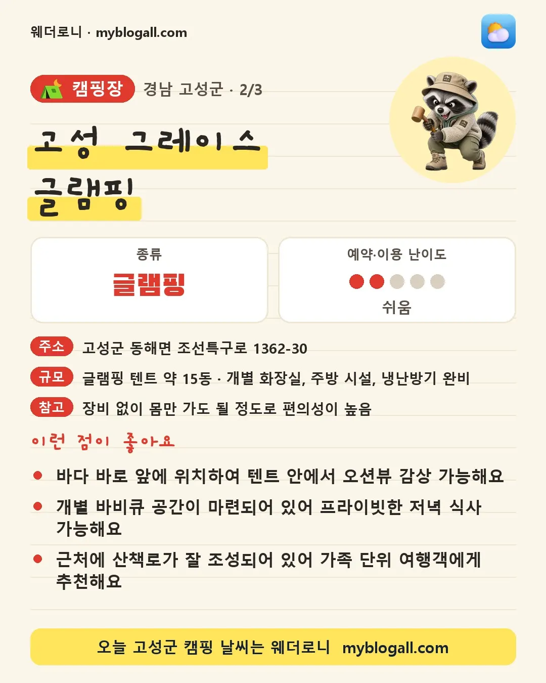 고성군 캠핑장 · 고성 그레이스 글램핑 — 글램핑 · 예약·이용 난이도 2/5 — 바다 바로 앞에 위치하여 텐트 안에서 오션뷰 감상 가능해요 — 개별 바비큐 공간이 마련되어 있어 프라이빗한 저녁 식사 가능해요