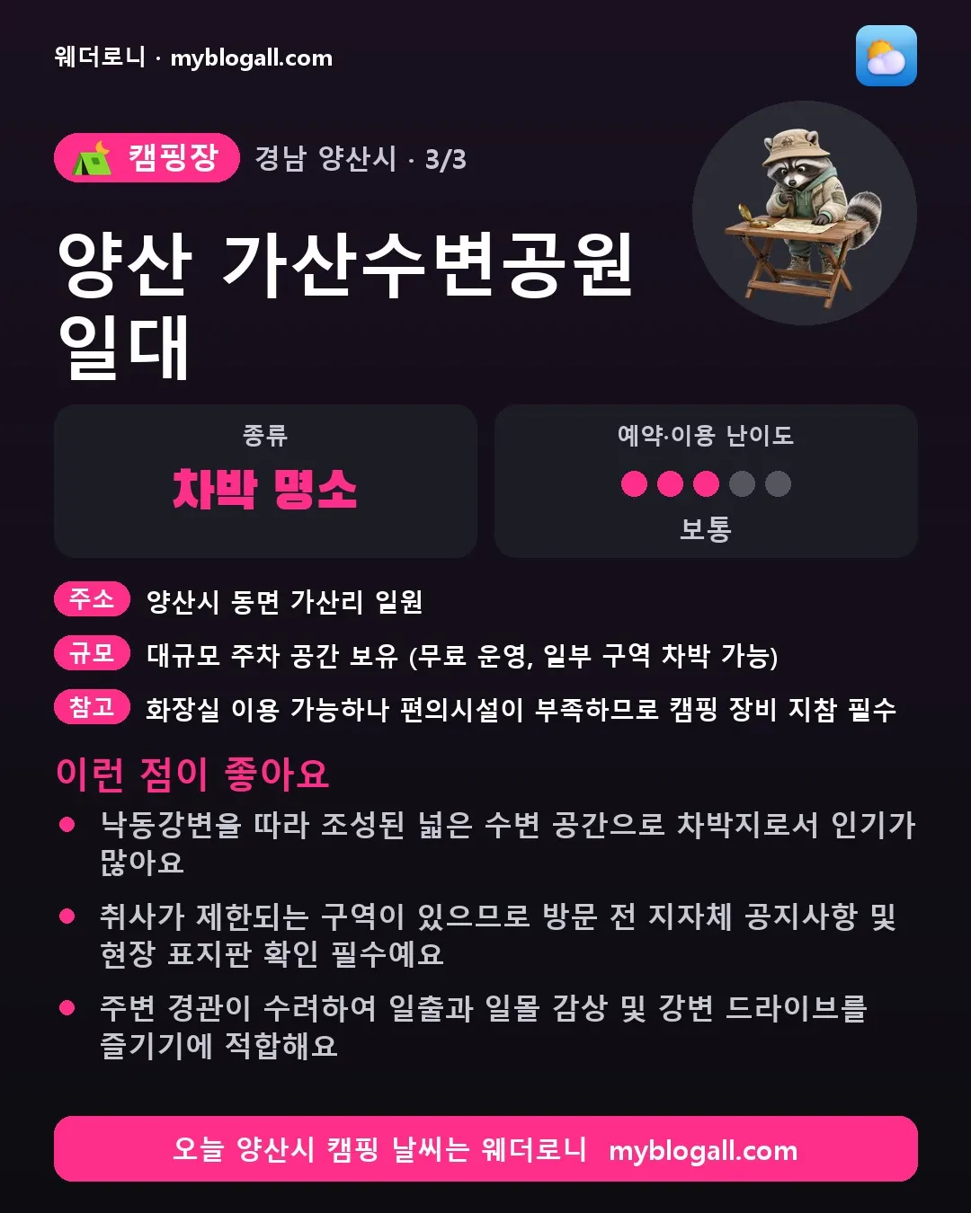 양산시 캠핑장 · 양산 가산수변공원 일대 — 차박 명소 · 예약·이용 난이도 3/5 — 낙동강변을 따라 조성된 넓은 수변 공간으로 차박지로서 인기가 많아요 — 취사가 제한되는 구역이 있으므로 방문 전 지자체 공지사항 및 현장 표지판 확인 필수예요
