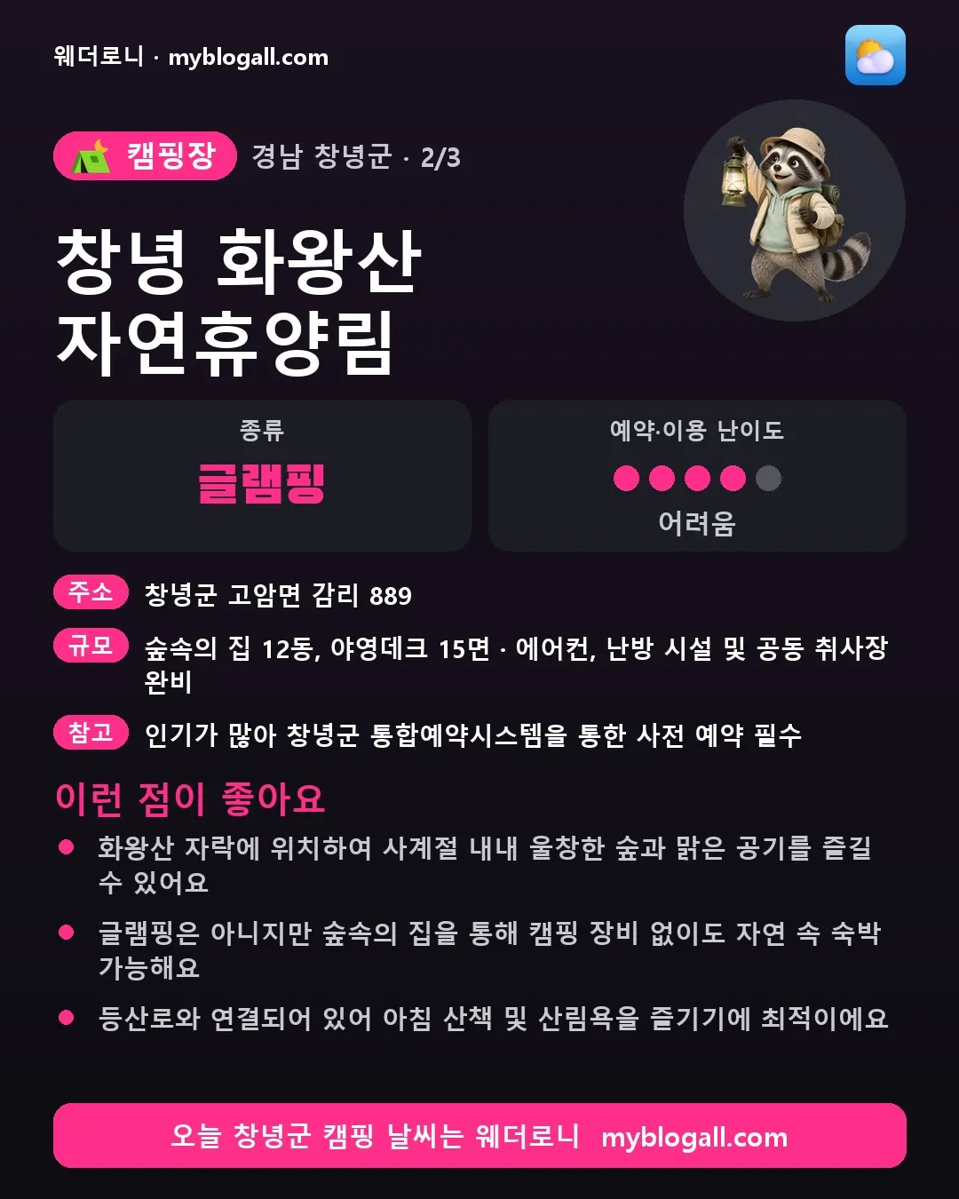 창녕군 캠핑장 · 창녕 화왕산 자연휴양림 — 글램핑 · 예약·이용 난이도 4/5 — 화왕산 자락에 위치하여 사계절 내내 울창한 숲과 맑은 공기를 즐길 수 있어요 — 글램핑은 아니지만 숲속의 집을 통해 캠핑 장비 없이도 자연 속 숙박 가능해요