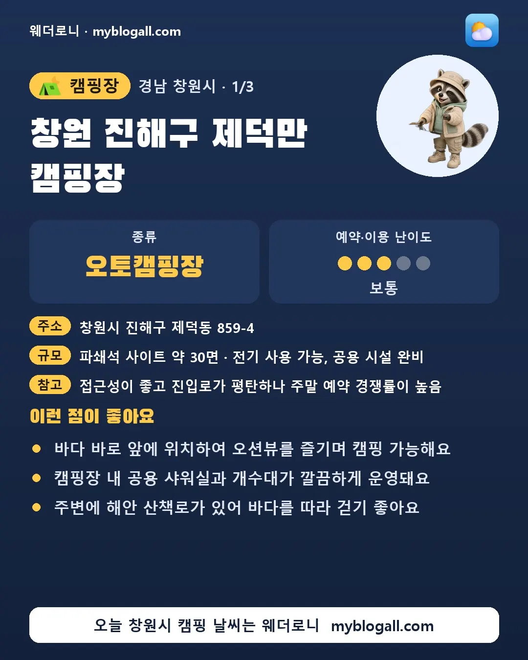 창원시 캠핑장 · 창원 진해구 제덕만 캠핑장 — 오토캠핑장 · 예약·이용 난이도 3/5 — 바다 바로 앞에 위치하여 오션뷰를 즐기며 캠핑 가능해요 — 캠핑장 내 공용 샤워실과 개수대가 깔끔하게 운영돼요